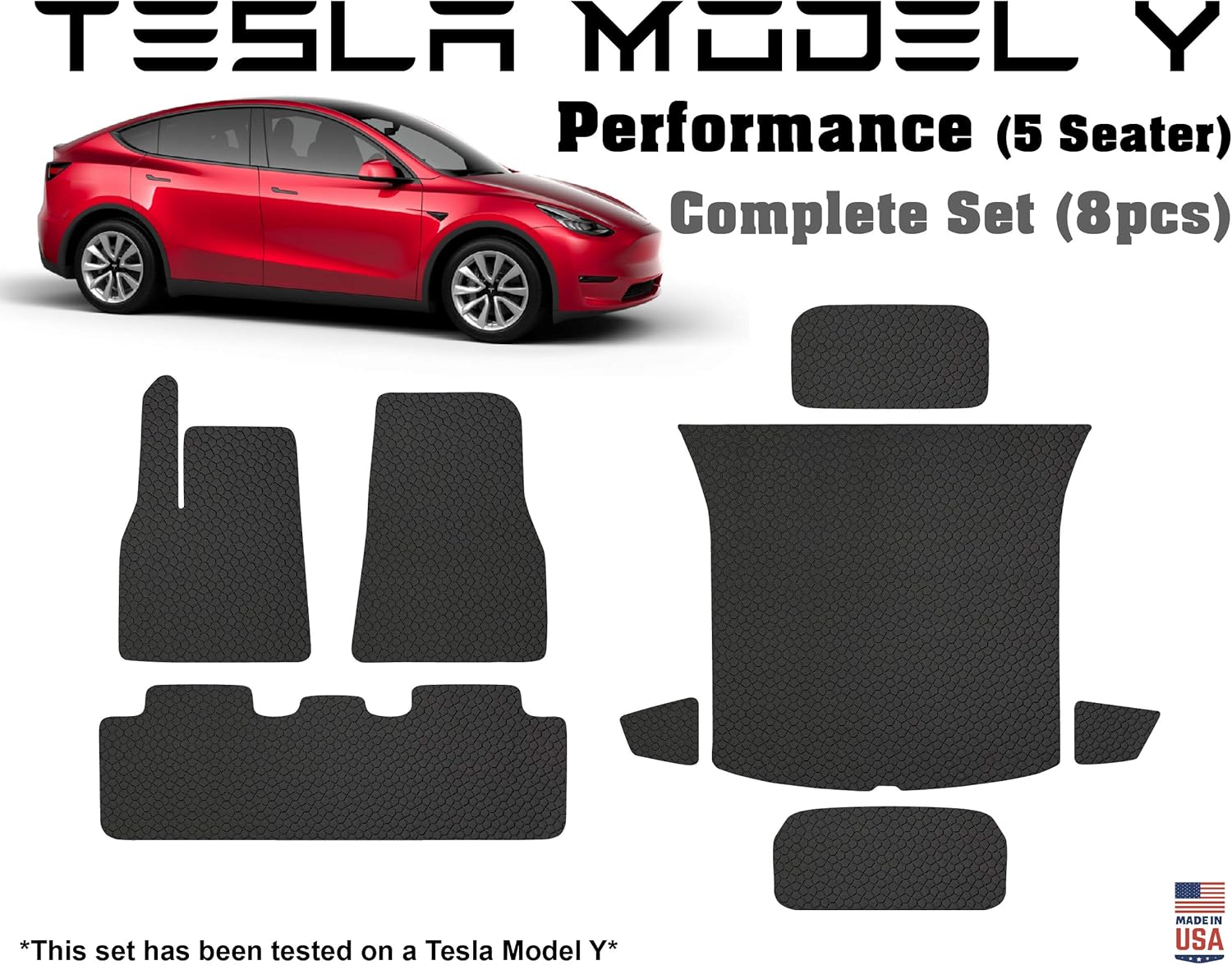 YelloPro Auto Custom fit Floor Mat Complete Set - for 2020 2021 Tesla Model Y Performance -5 Seater- Waterproof All Weather Heavy Duty Black Rubber [Made in USA]
