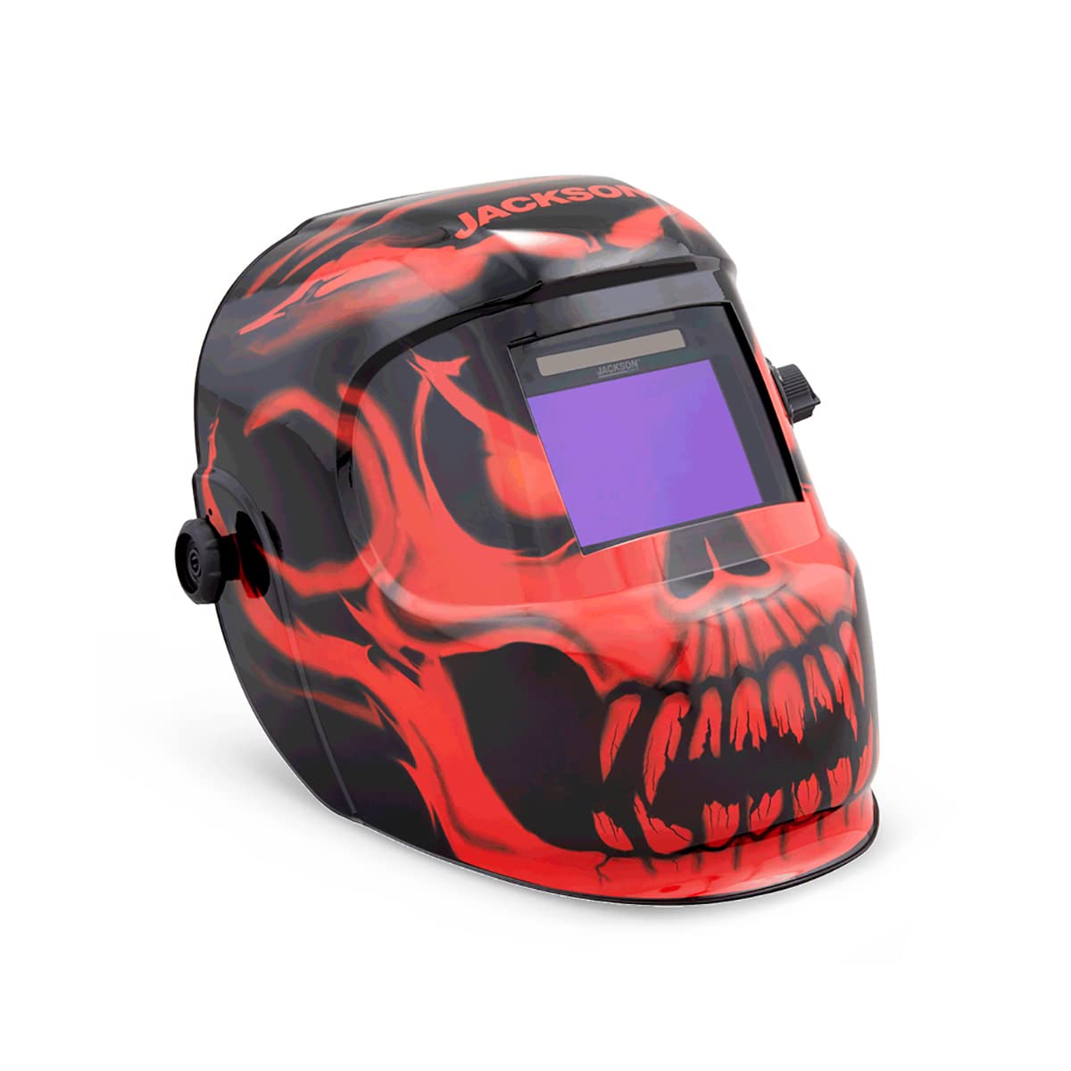 Jackson Safety Premium Auto Darkening Welding Helmet with 4/9-13 Shade Range, 1/1/1/2 Optical Clarity, 1/25,000 sec. Response Time, 370 Speed Dial Headgear, Bead Demon Graphics, Red/Black, 47105