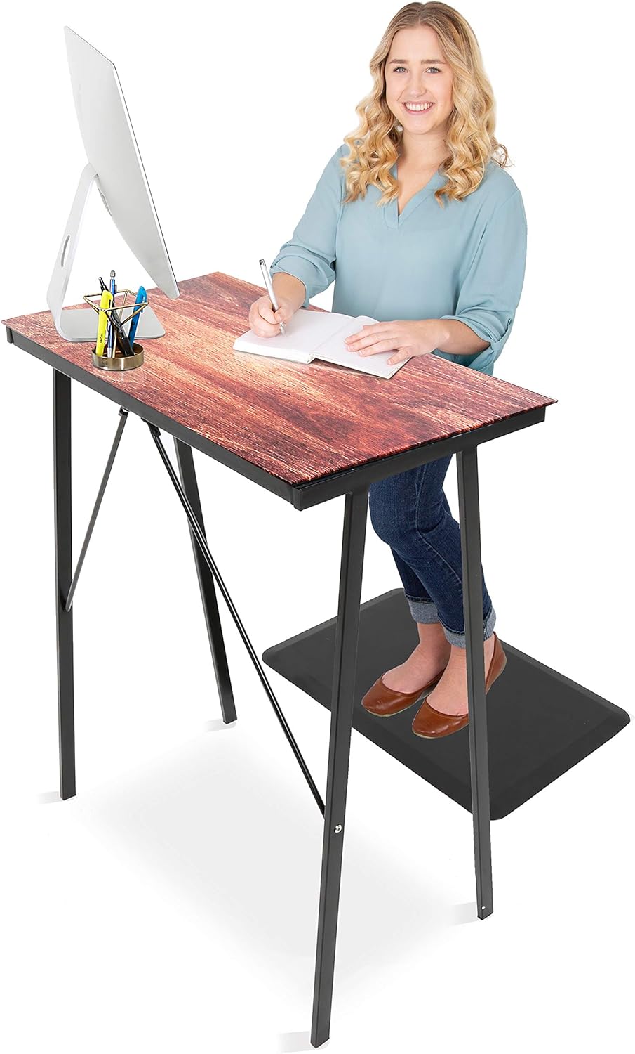Stand Steady Joy Standing Desk | 32in Compact Glass Desk | Small Standing Desk with Tempered Glass Top & Marble Print | Tall Desk & Reception Table | Stand Up Desk for Home & Office (Marble)