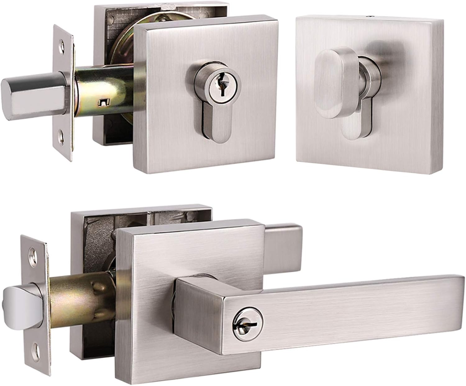 6 Pack GOBEKOR Satin Nickel Keyed-Alike Door Lever and Double Cylinder Deadbolt Combination Sets Exterior/Front Door Locksets,with Same Key Square Rosette,for Right/Left Handed Doors