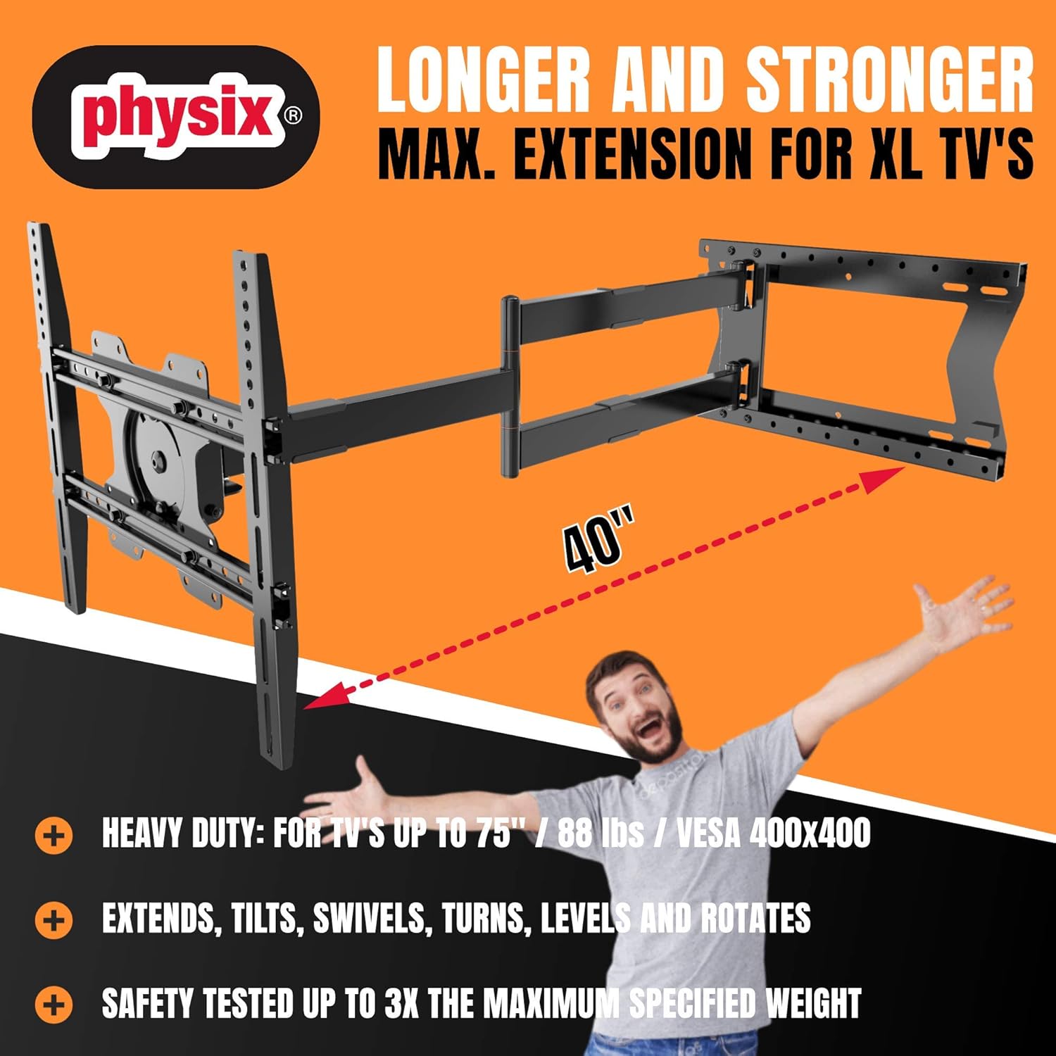 Physix 2100 Long arm TV Wall Mount for 32-75 inch Screens Extra Long Extension up to 40 inch Heavy-Duty TV Mount Holds up to 88 lbs Full-Motion, swivels up to 180° Max. VESA 400x400, black (LONG 2100)