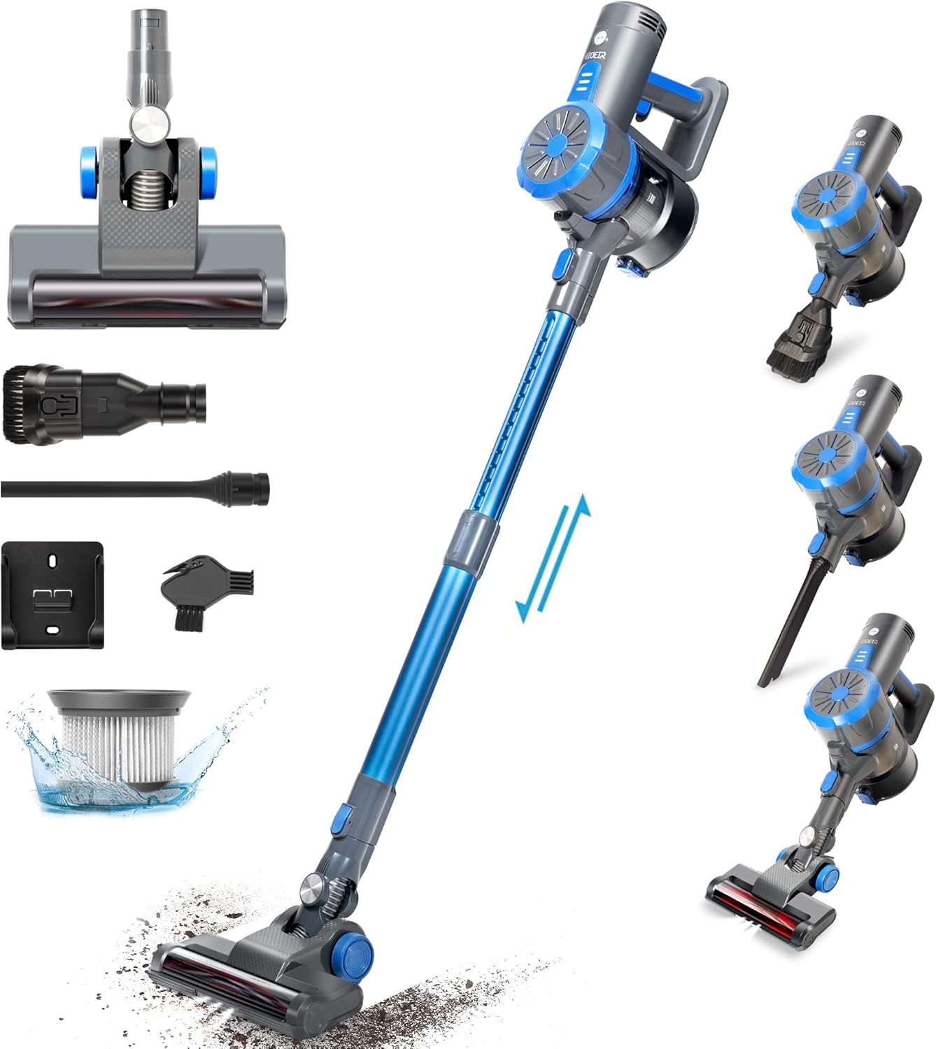 EIOEIR Cordless Stick Vacuum Cleaner, 45 Minutes Run-Time, 4 in 1 Lightweight Stick Vacuum 200W, 3 Power Modes, HEPA Filter for Hardwood Floors, Carpet, Pet Hair, Car (E20 Pro)