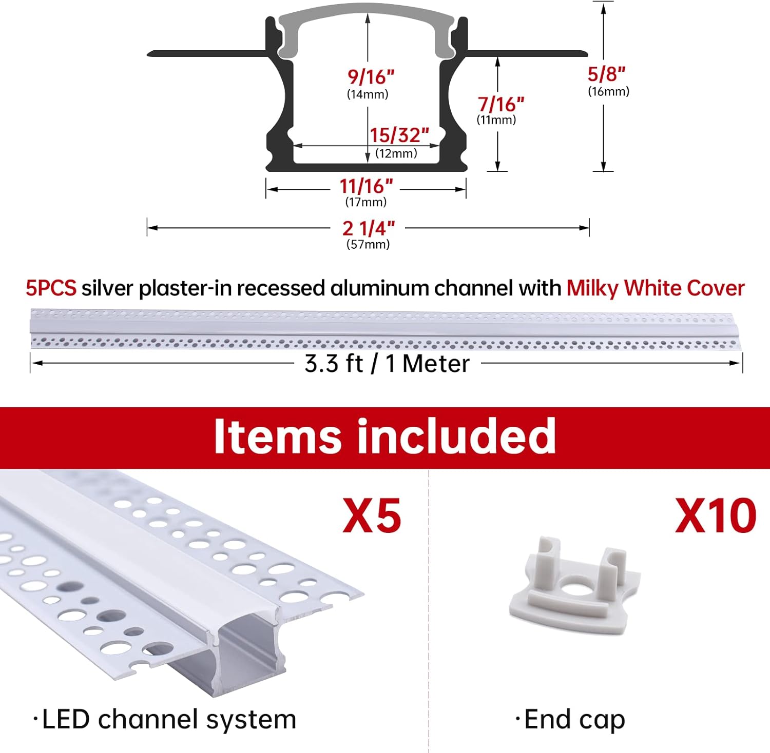 MUZATA 5Pack 3.3ft Plaster in Trimless LED Channel System with Flange for LED Tape Strip Gypsum Drywall Aluminum Profile Plasterboards White Covers Recessed Housing Track Extrusion U117 1M WW,LS2 Pack of 2