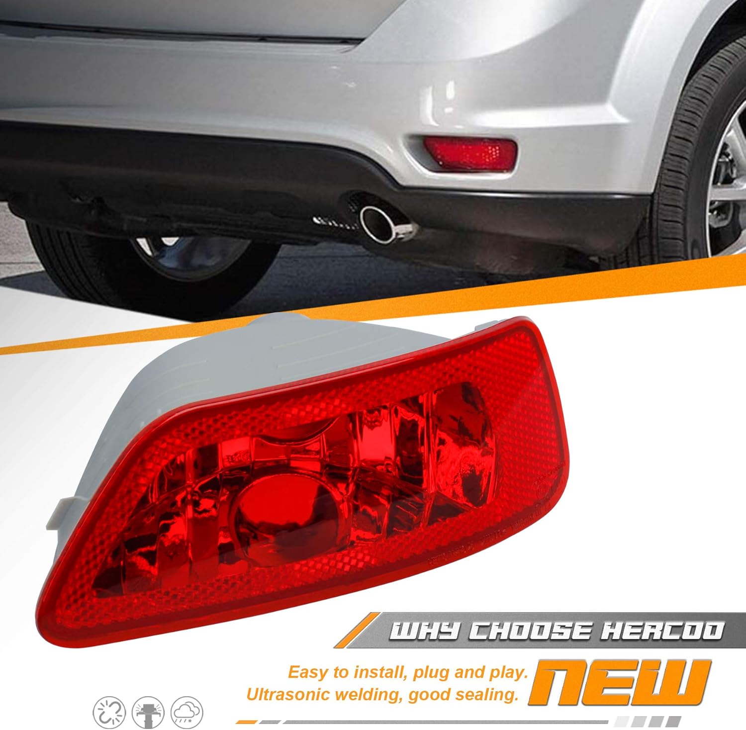 HERCOO Bumper Reflector Lights Lens Rear Right Fog Lamp Cover Compatible with Jeep Compass Grand Cherokee 2011 to 2017, Dodge Journey 2012 to 2018, Pack of 2