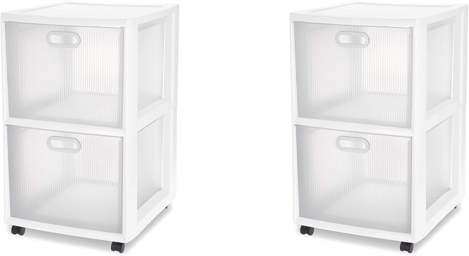 Sterilite 36208002 Ultra 2 Drawer Cart, White Frame & Clear Textured Drawers w/ Handles & Black Casters, 2-Pack