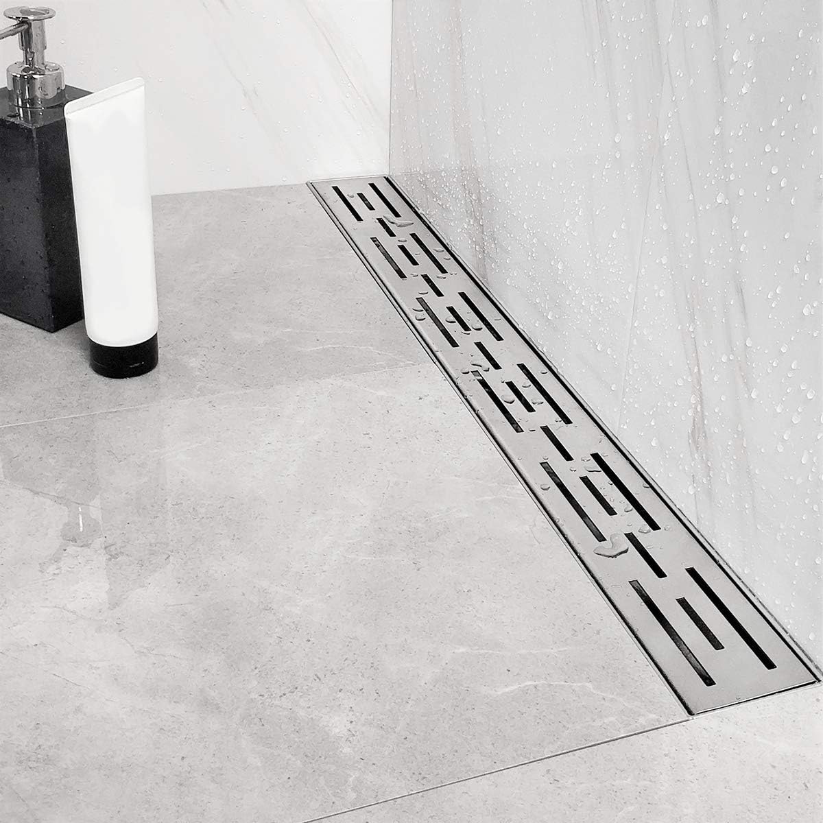 Neodrain 28 Inch Rectangular Linear Shower Drain with Brick Pattern Grate, Brushed 304 Stainless Steel Bathroom Floor Drain,Shower Floor Drain Includes Adjustable Leveling Feet, Hair Strainer Pack of 2