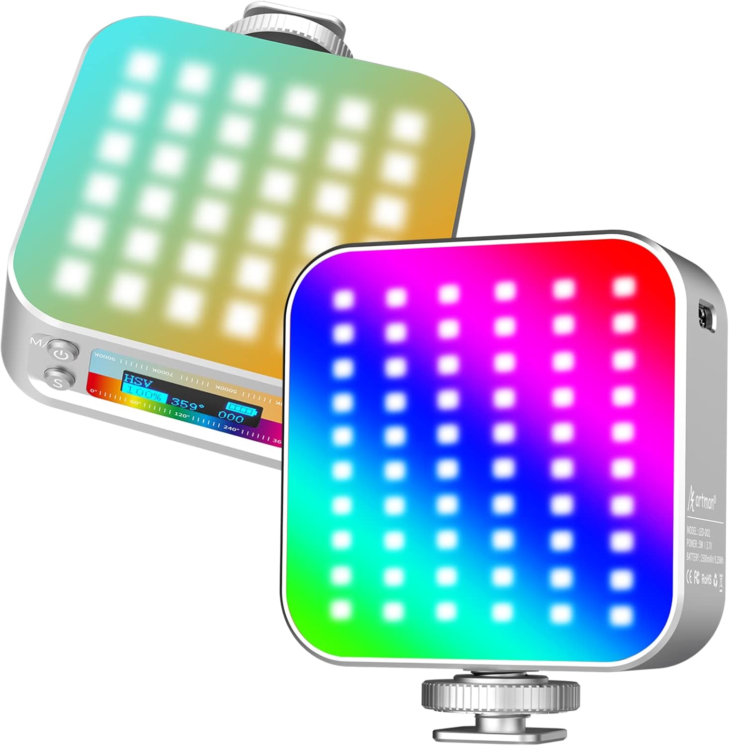 Artman RGB Video Light,Double-Sided Portable LED Camera Light 360°Full Color,2500mAh Rechargeable CRI 95+ 2500-9000K Dimmable Aluminium Light Panel Support Magnetic for Photography,Video Conference Pack of 2