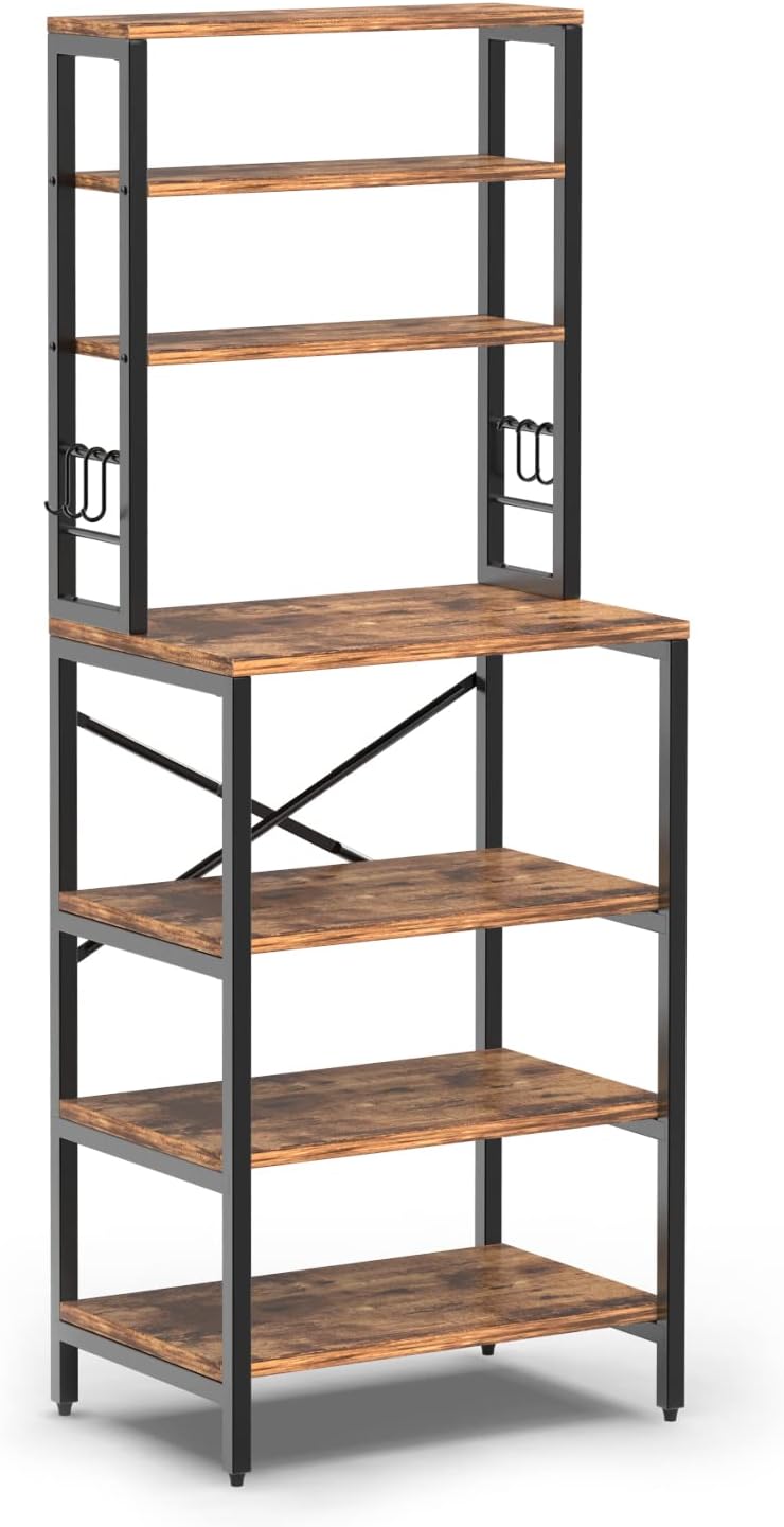 AMOSIC Industrial Kitchen Baker&rsquo;s Rack, Multiuse 7-Tier Metal Kitchen Bakers Rack, 6 S-Hooks, Floor Standing Spice Rack Organizer Workstation, for Microwave, Spice Jars, Pots and Pans, Rustic Brown