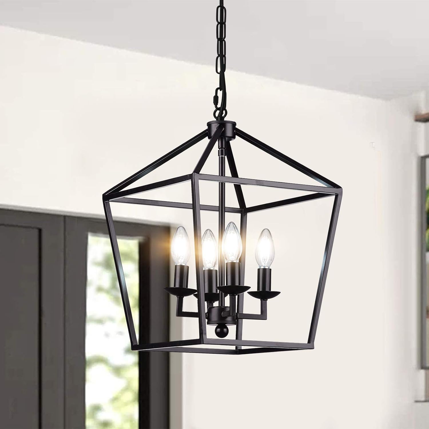 HUESLITE Farmhouse Chandelier, Vintage Foyer Lantern, 4 Light Pendant Light for Kitchen Island (Black)