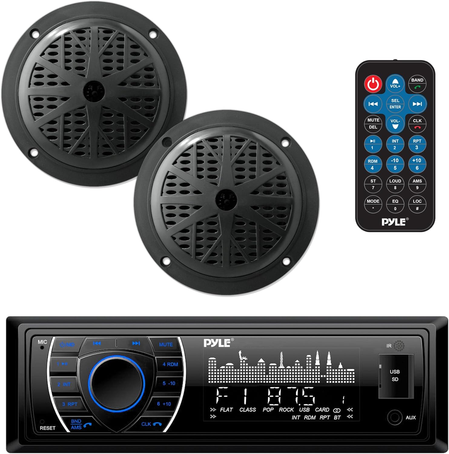 Pyle Marine Headunit Receiver Speaker Kit - In-Dash LCD Digital Stereo Built-in Bluetooth & Microphone w/ AM FM Radio System 5.25’’ Waterproof Speakers (2) MP3/SD Readers & Remote Control - PLMRKT46BK Pack of 2