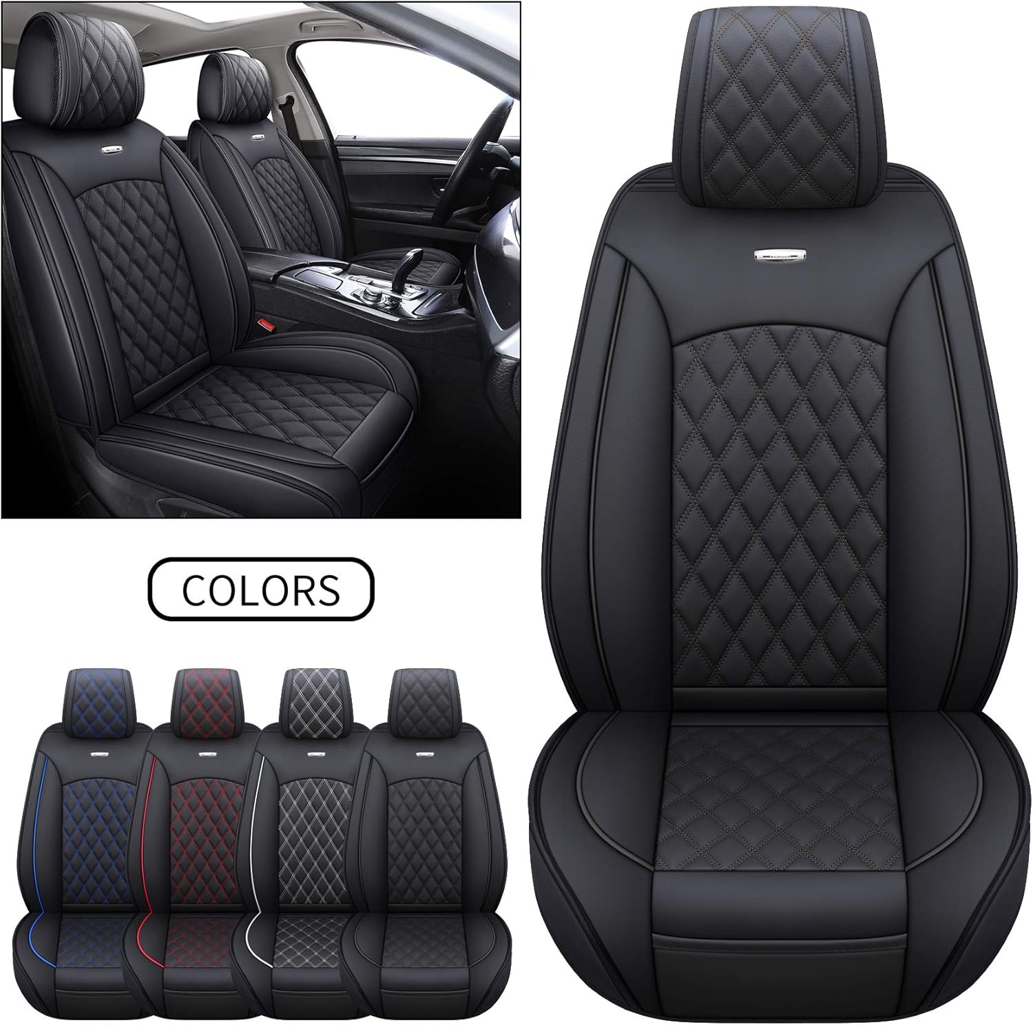 YIERTAI Car Seat Covers Full Set Waterproof Leather Seat Protectors Fit for Rogue Maxima Honda Accord CRV Toyota Corolla RAV4 Hyundai Sonata Escape Sorento Kia Soul(Full Set, Black-White)