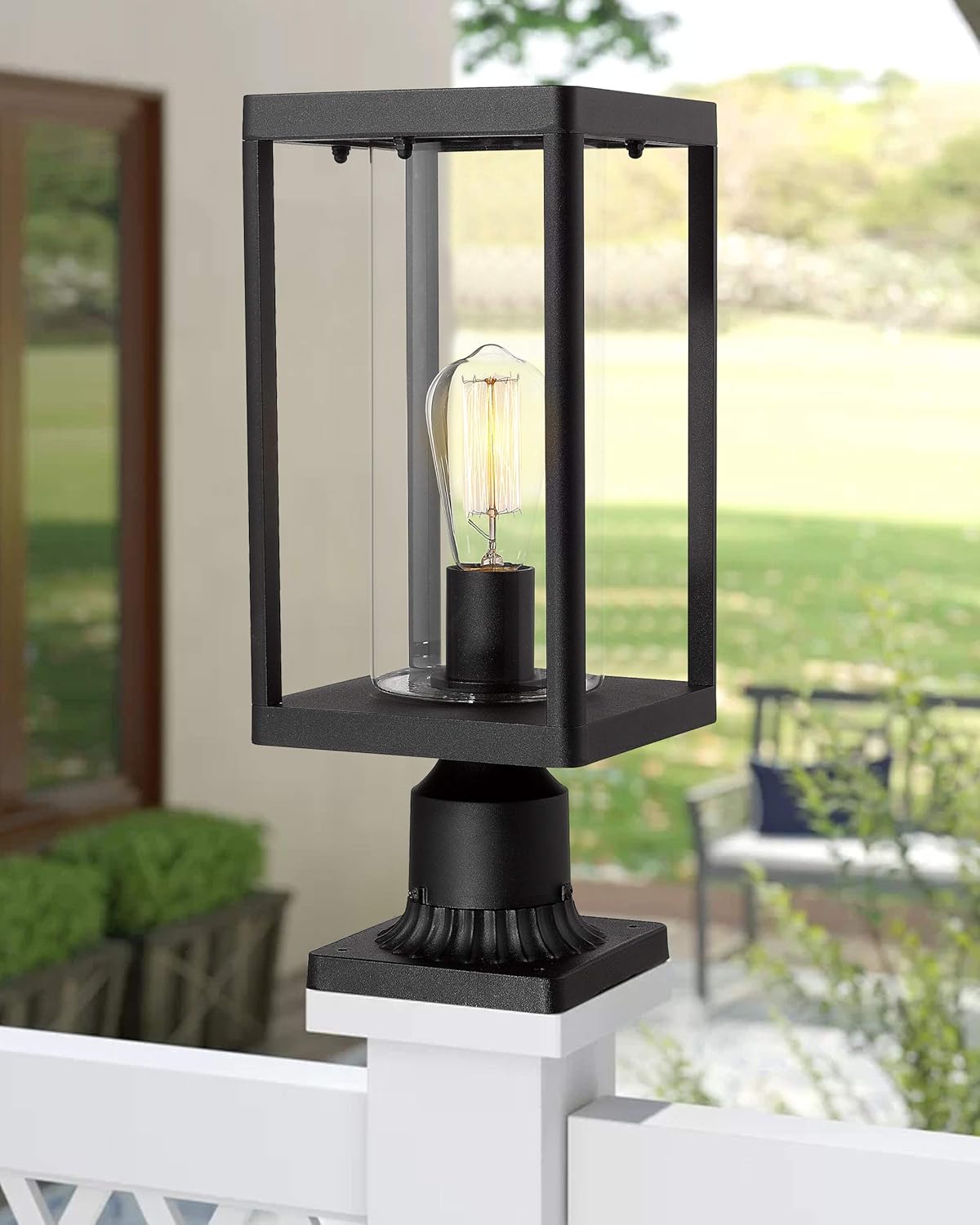 Beionxii Outdoor Post Lights | Modern Exterior Post Lantern with 3-Inch Pier Mount Adapter, Sand Textured Black Cast Aluminum with Clear Cylinder Glass - A291P-1PK