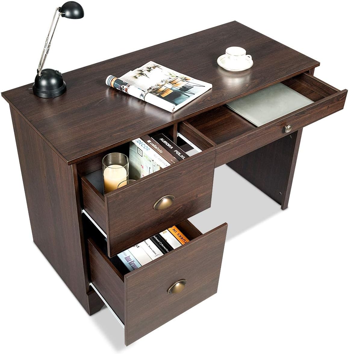 Tangkula Computer Desk with Drawers, Wood Frame Home Office Desk with Storage Shelf, Computer Workstation with Spacious Desktop, Ideal for Bedroom, Living Room, Office