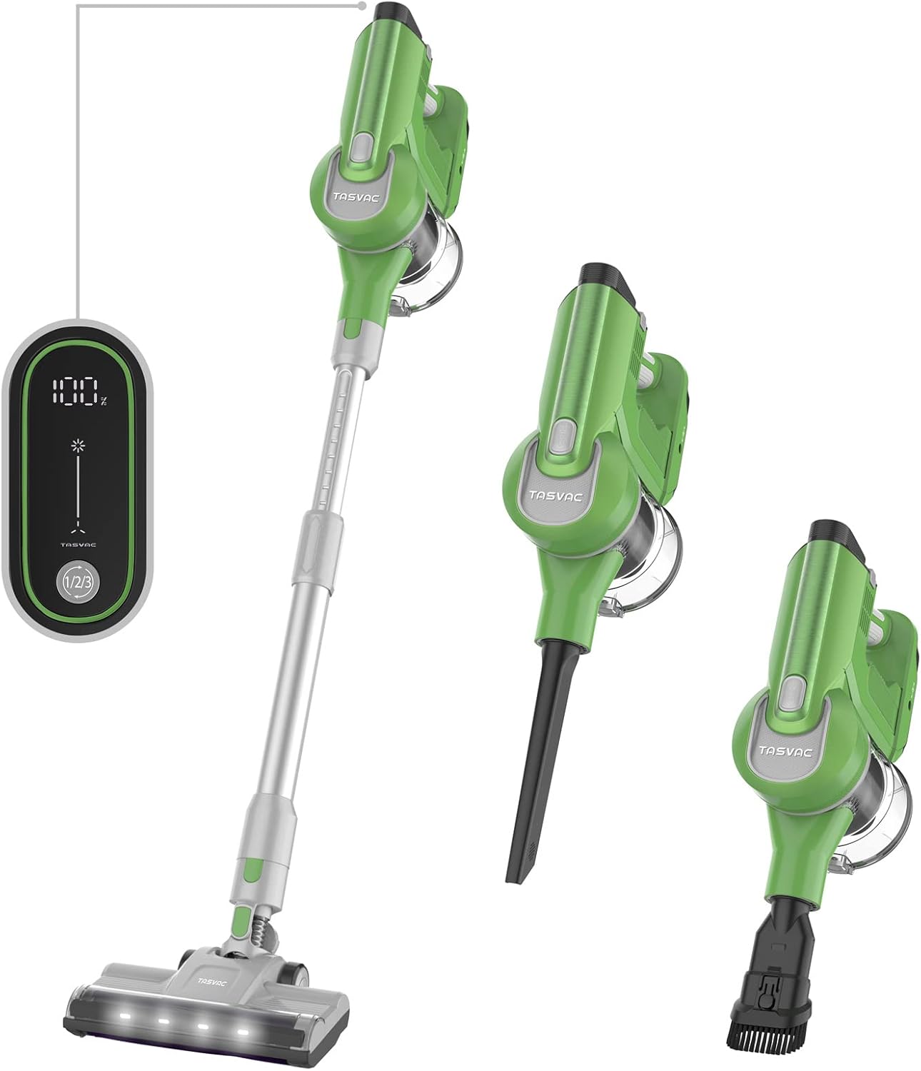 Cordless Vacuum Cleaner with Smart LED Display TASVAC 260W 23 k Pa 6 in 1 Powerful Suction Stick Vacuum, Lightweight, Up to 50 Runtime, 5 Cyclone Filter for Hardwood Floor Carpet, Pet Hair (Green)
