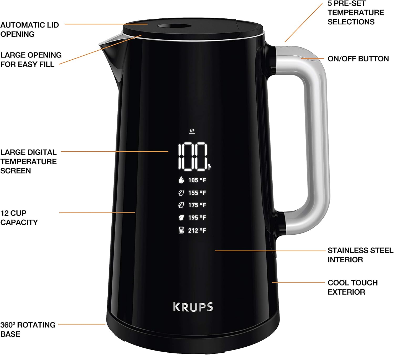 KRUPS BW801852 Smart Temp Digital Kettle Full Stainless Interior and Safety Off, 1.7-Liter, Black Pack of 2