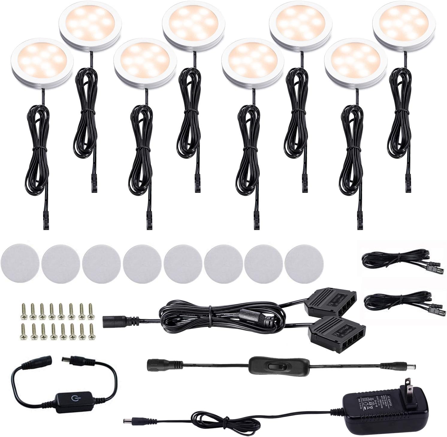 AIBOO LED Under Cabinet Puck Lights Kit with Touch Dimming Switch for Accent Display in Cabinet Lighting (8 Lights,Daylight White)