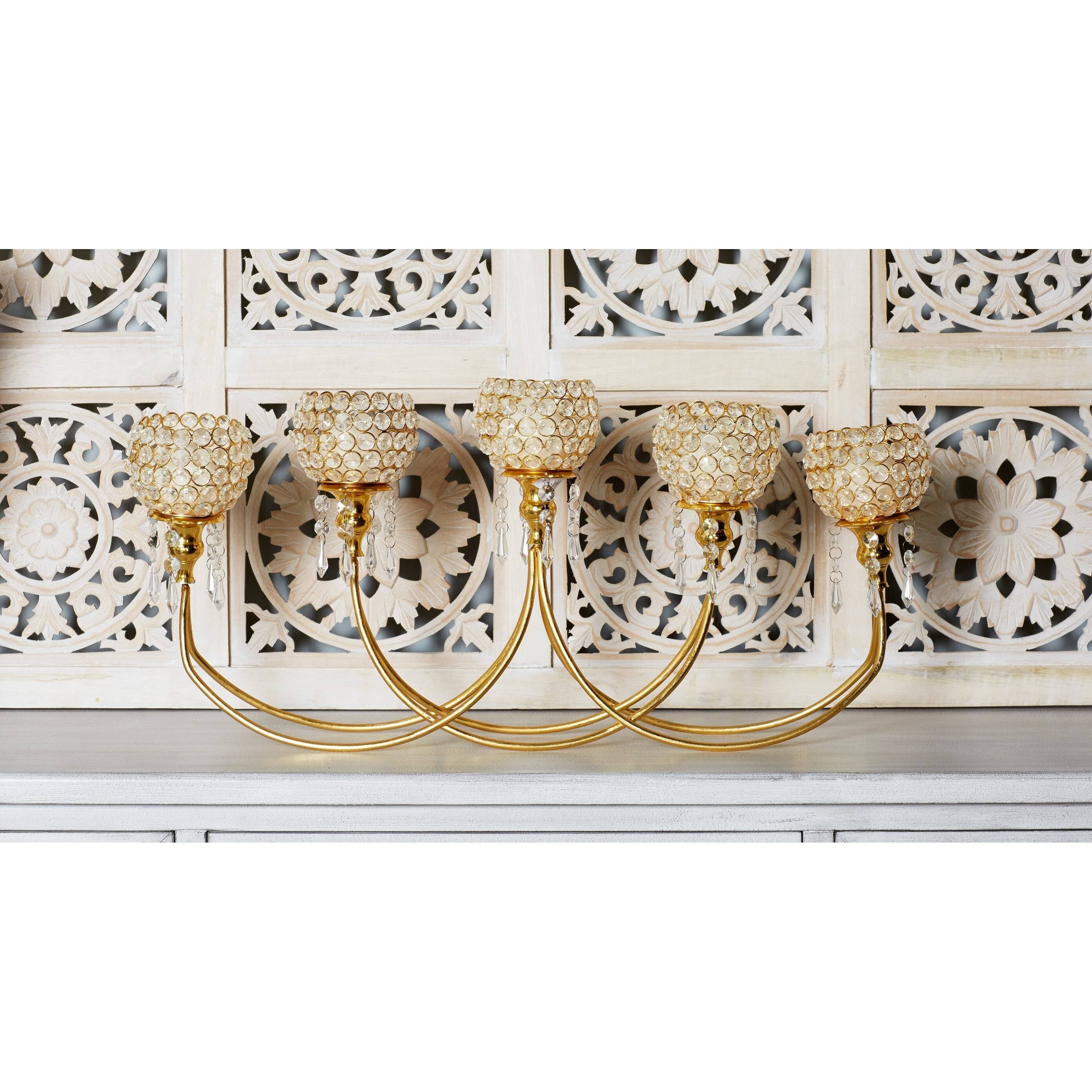 Decmode Aluminum Gold Interlaced Curves 5-Light Beaded Candle Holder