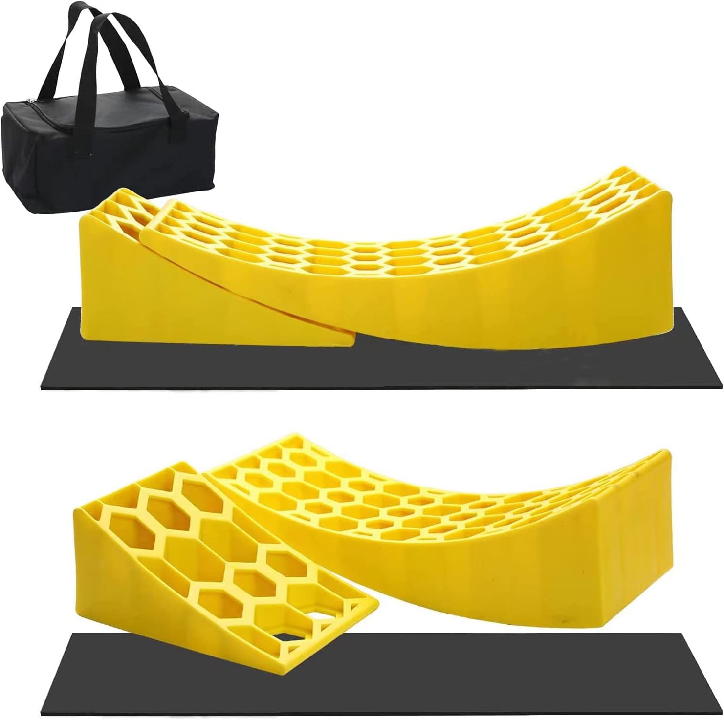 VZ4X4 Camper Levelers 2 Pack&mdash;Heavy Duty Camper Leveler for RV Trailer Campers RV Leveling Blocks Chock Kit with Two Curved Levelers Two Chocks Two Rubber Mats and Carry Bag