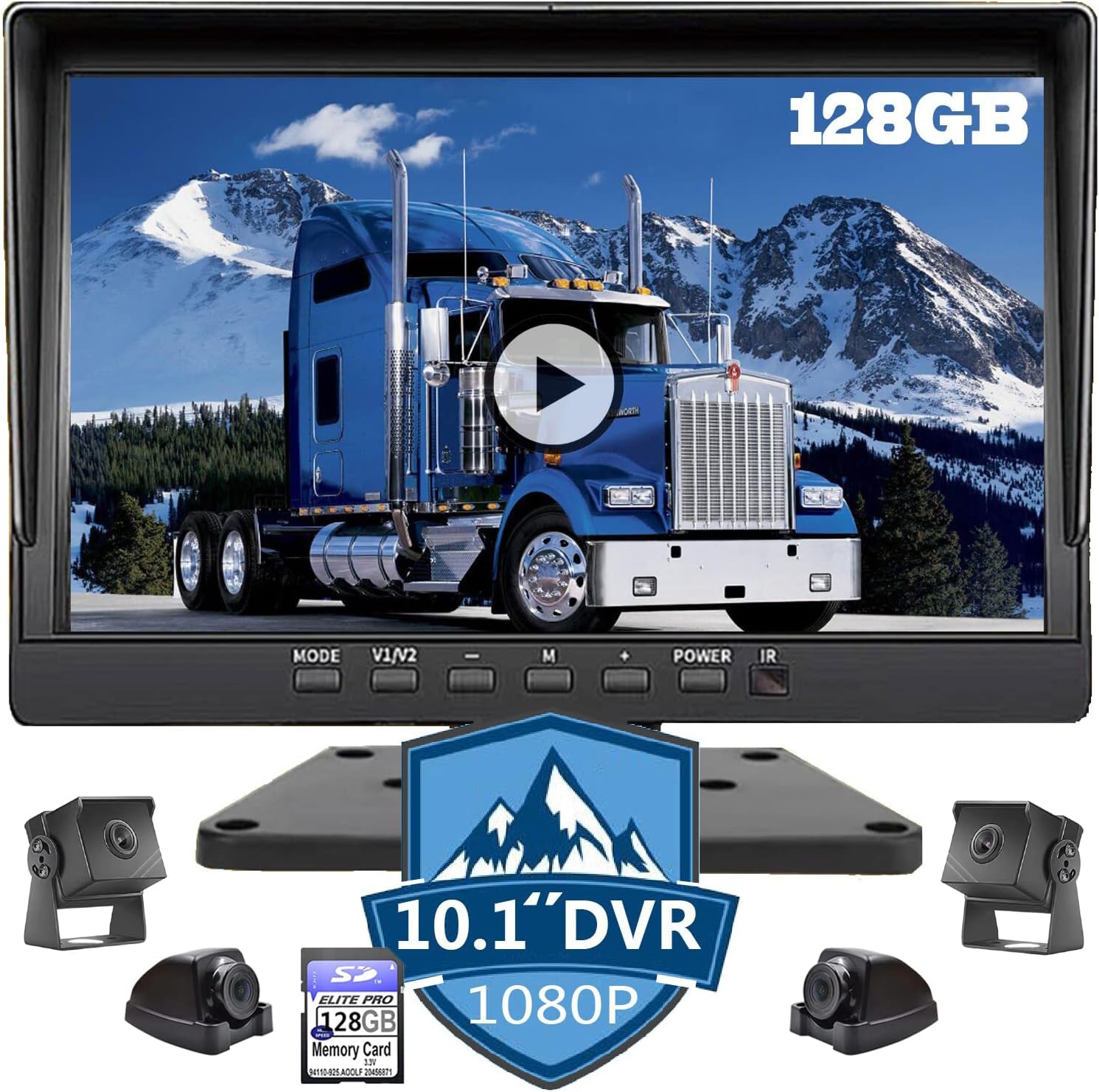 5 Split Large 10.1 inch 1080P Screen Backup Camera Audio Monitor & Built-in 128GB DVR Dash Cam for RV Truck Trailer Rear Side Front Reversing View Wired System Image Waterproof Avoid Blind Spot