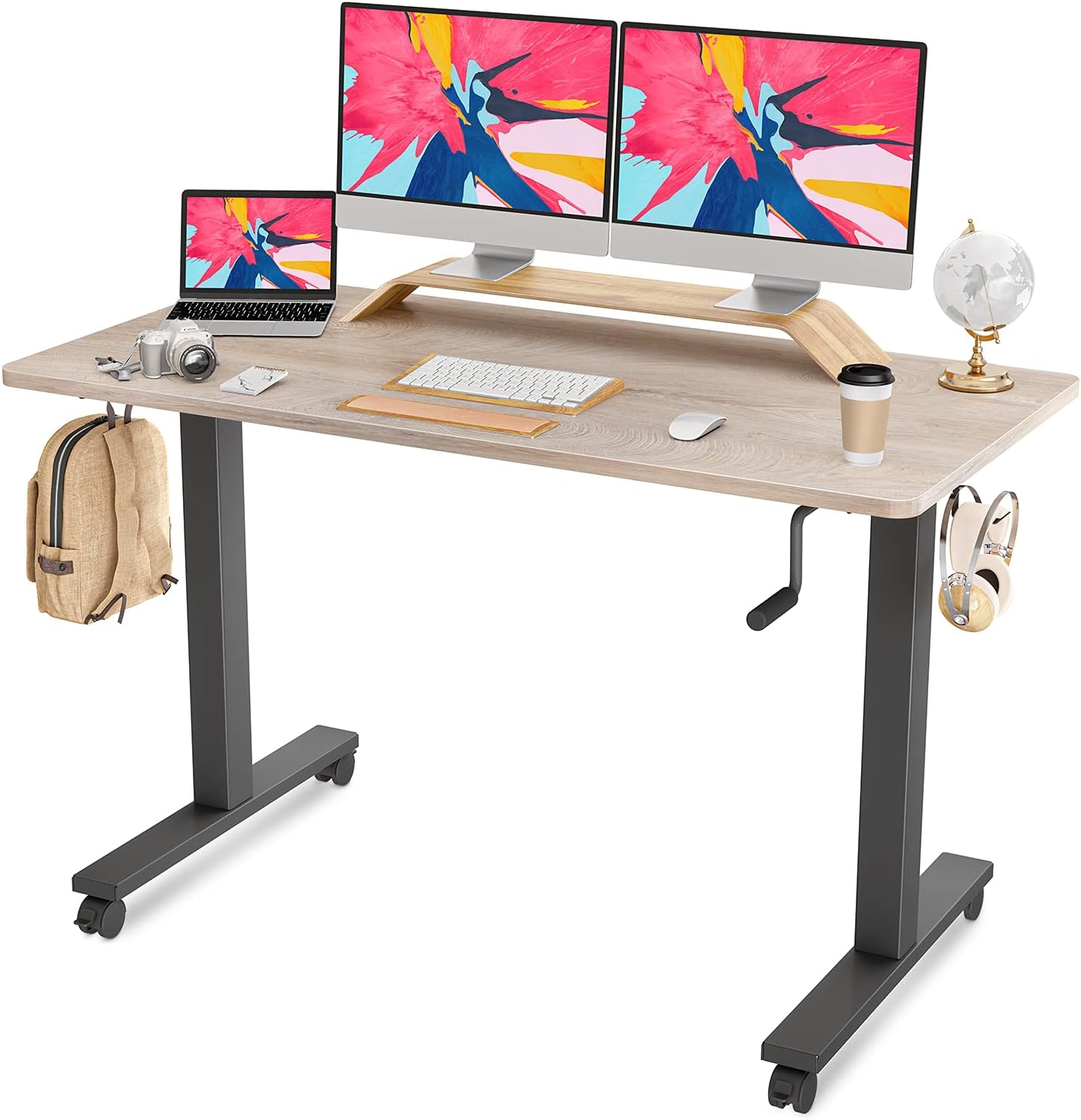 FAMISKY Crank Adjustable Height Standing Desk, 48 x 24 Inches Manual Stand up Desk, Sit Stand Workstation for Home Office with Handle and Splice Board, Black Frame/Black Top
