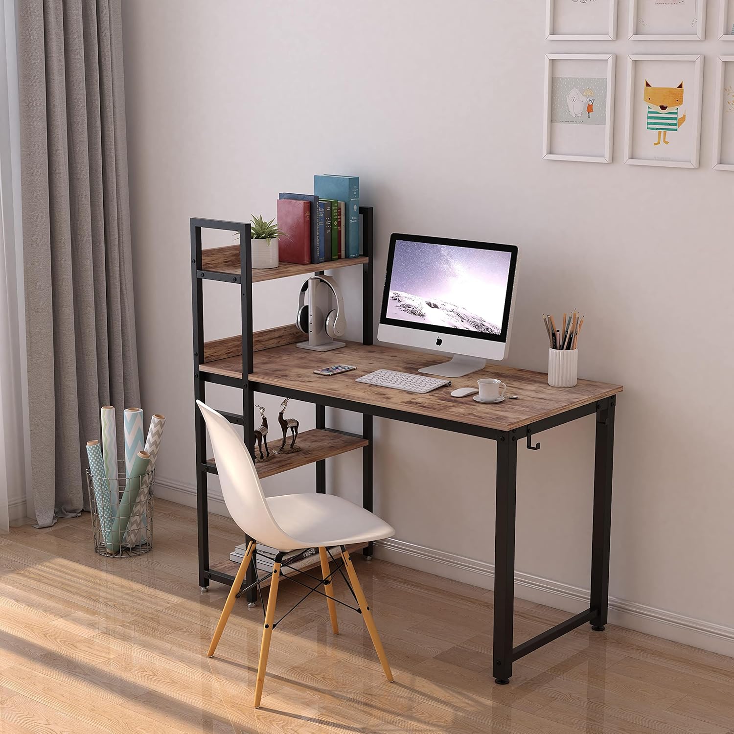 55 Inch Brown Home Office Desk with 4-Tier Shelves for Storage and Bookshelf, Heavy Duty Computer Desk and Spacious Workstation, Modern Simple Stylish Writing Desk and Multi-Purpose Study Table