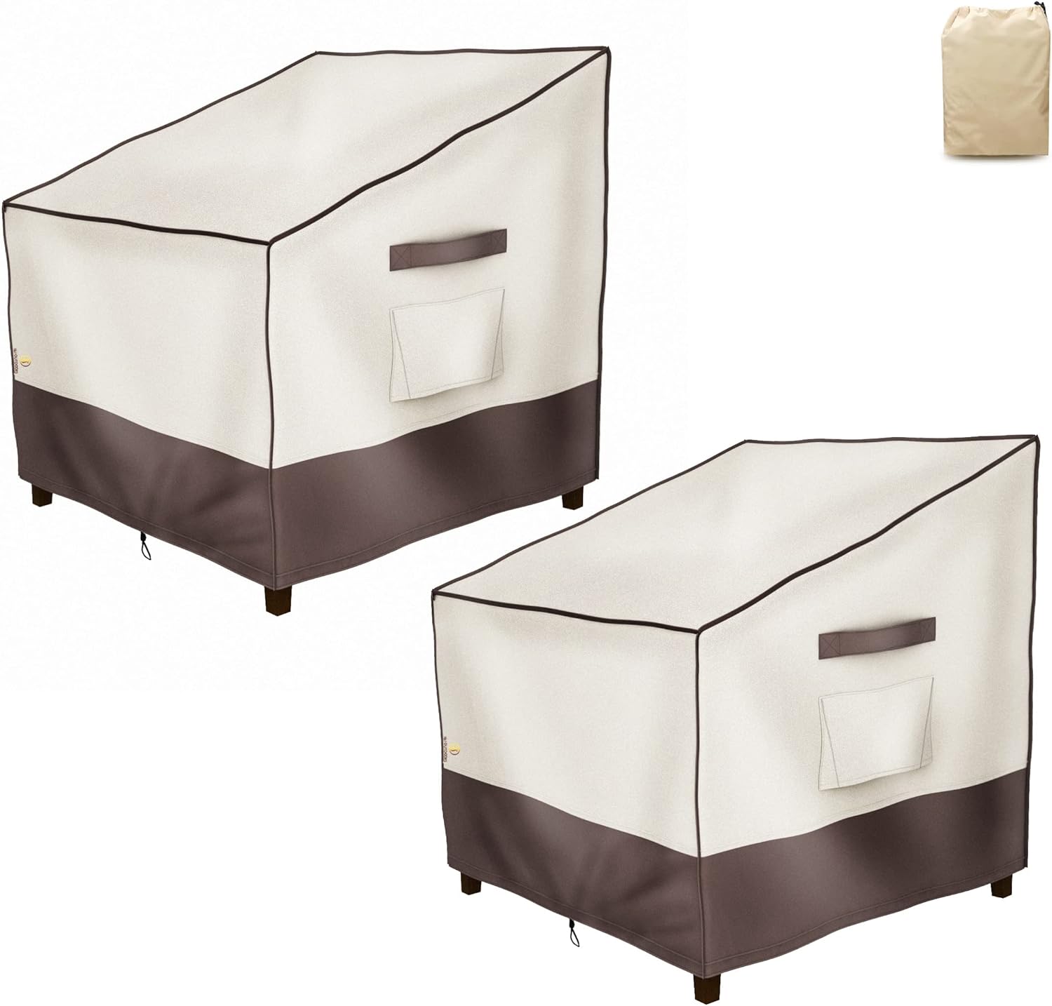 F&J Outdoors Waterproof Patio Chair Covers UV Resistant Eco-Friendly Fabric Outdoor Lounge Chair Straight Back Chair Covers, 33Wx34Dx32H inch,Beige+Brown,2Pack