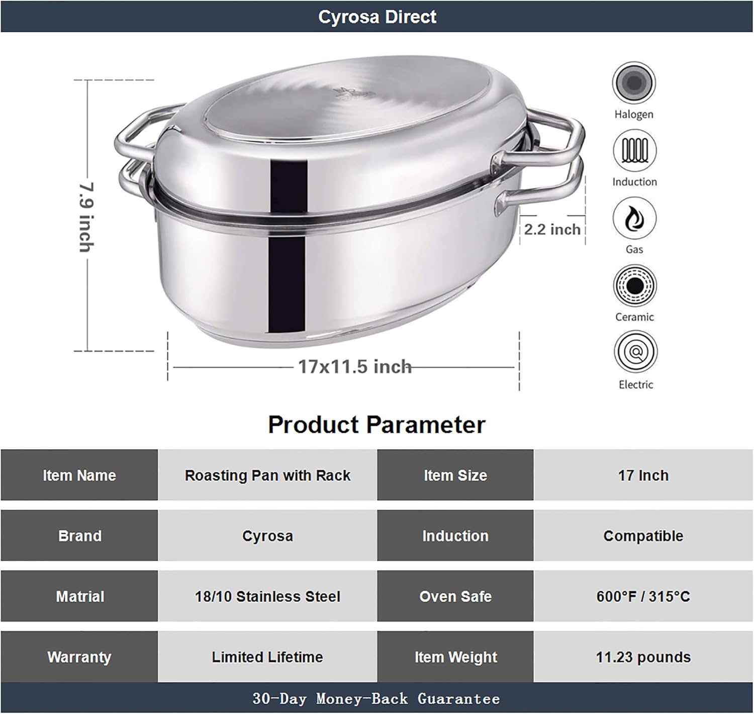 Cyrosa Roasting Pan with Rack, Stainless Steel Turkey Roaster with Lid, Large Roasting Pan, 17 Inch
