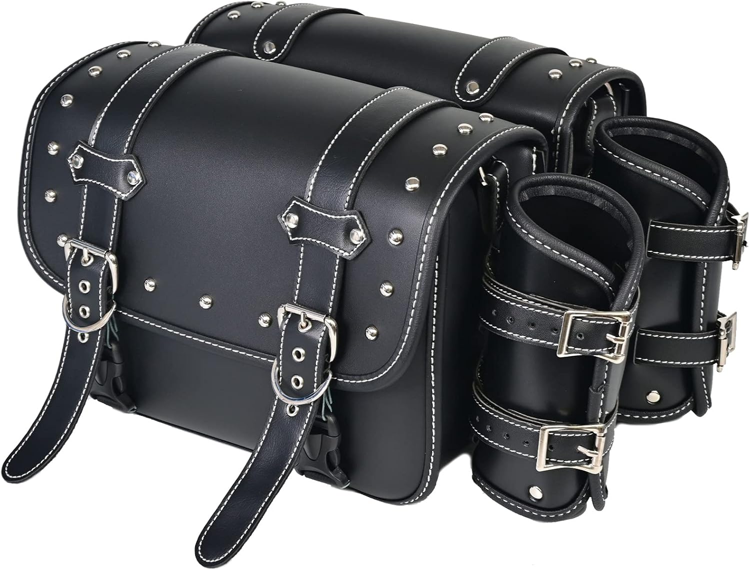 High-density Leather Motorcycle Saddebags- Throw Over Saddle bags ，Panniers Side Bags with cup holder ，Harley Sportster Waterproof, Side Tool Bag, Storage Tool Bag for Motorbike,Universal, 1 Pair, Black