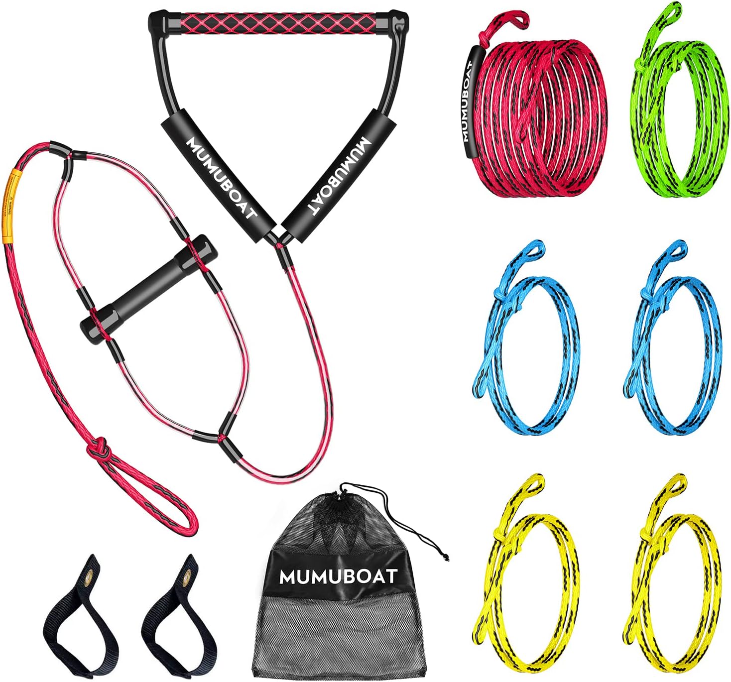 MUMUBOAT 75ft Water Ski Rope, 7 Section Wakeboard Rope with Floating Handle, Tow Rope for Tubing, Watersport Line for Water Ski, Wakeboard and Kneeboard Pack of 2
