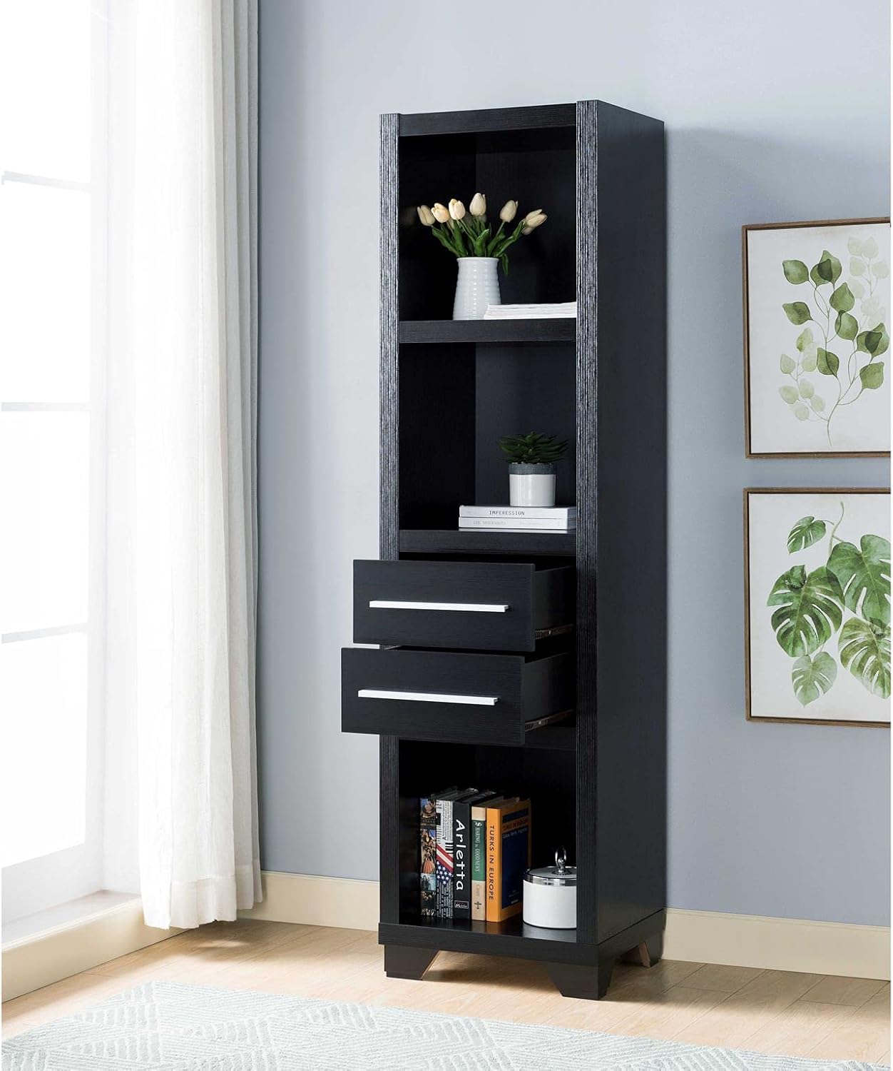 FC Design Utility Black TV Entertainment Center Pier with 3 Shelves & 2 Drawers for Display, Storage and Decoration