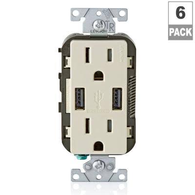 Leviton 15 Amp Decora Combination Tamper Resistant Duplex Outlet and USB Charger, Light Almond (6-Pack)