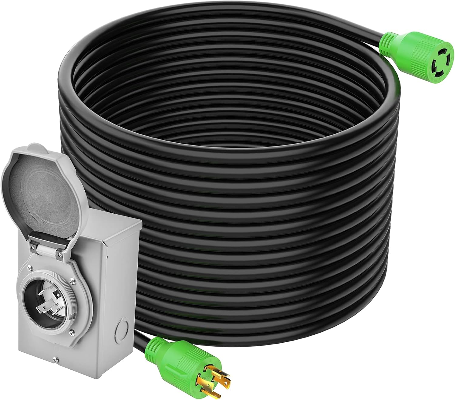 RVGUARD 30 Amp Generator Power Cord and Power Inlet Box Waterproof Combo Kit, NEMA L14-30P to L14-30R Extension Cord 100 Feet with NEMA L14-30P Generator Inlet, ETL Listed Pack of 2