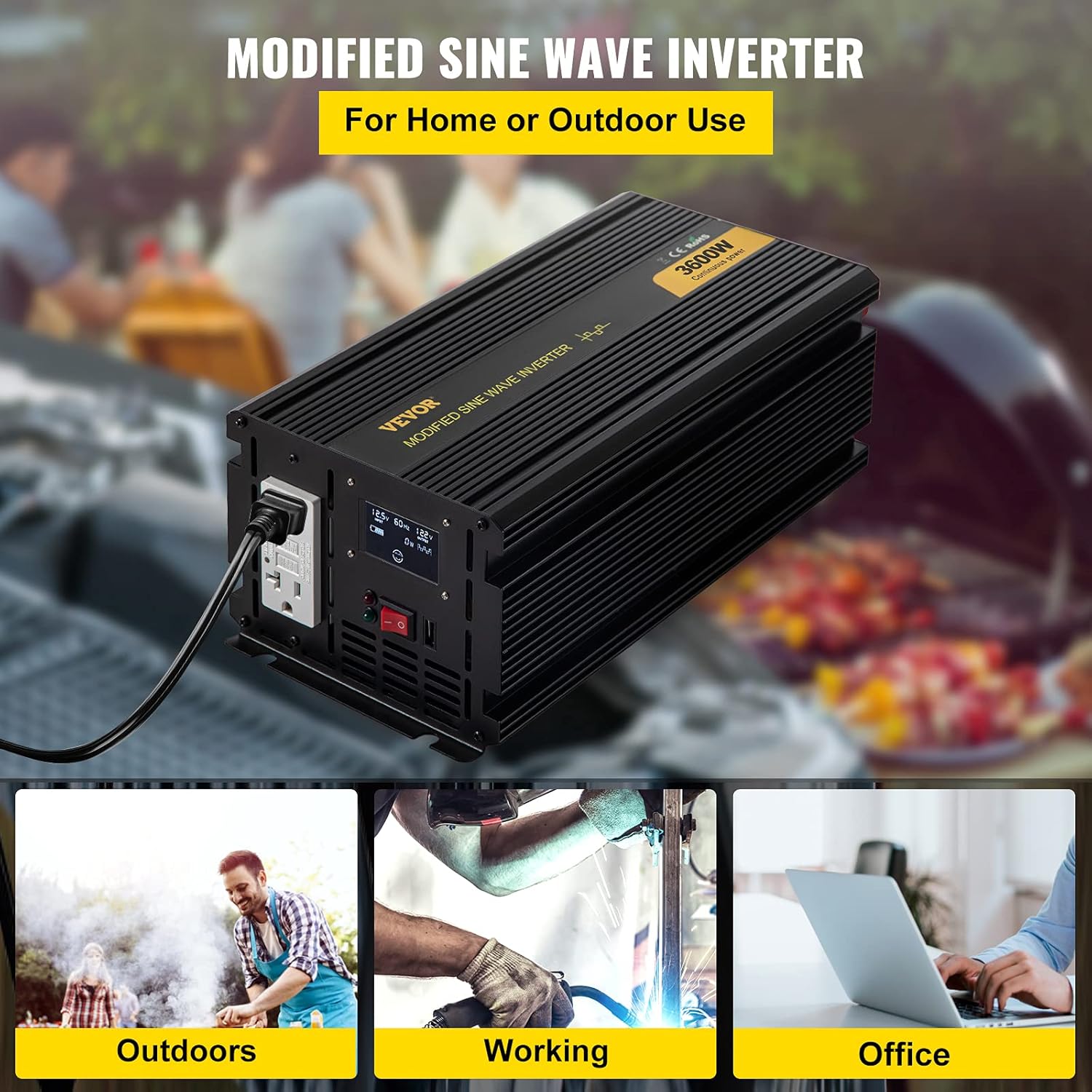 VEVOR Power Inverter, 3600W Modified Sine Wave Inverter, DC 12V to AC 120V Car Converter, with LCD Display, Remote Controller, LED Indicator, GFCI Outlets Inverter for Truck RV Car Boat Travel Camping