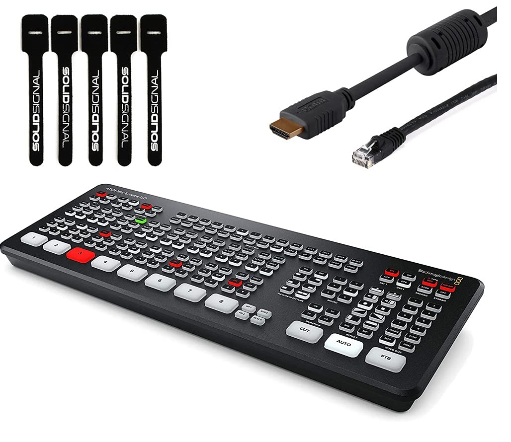 Blackmagic Design ATEM Mini Extreme HDMI ISO Live Stream Switcher Bundle with 6&rsquo; HDMI Cable, 7&rsquo; Cat5e Cable, and 5-Pack of Solid Signal Cable Ties (SWATEMMINICEXTISO)