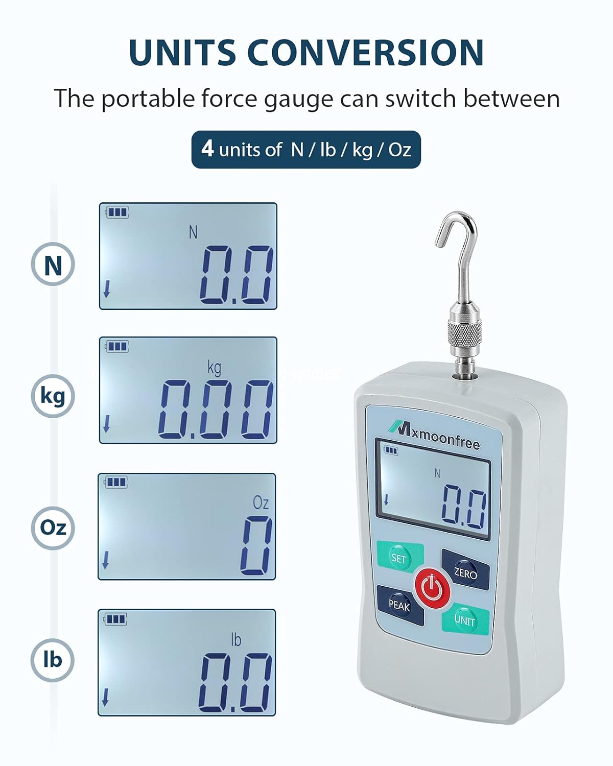 Mxmoonfree 500N Digital Force Gauge Push Pull Gauge Portable Force Meter with Units N/ LB/ Kg/ Oz, Storage Case, Auto Backlit LCD, Auto Power-off (ZMF-500N)