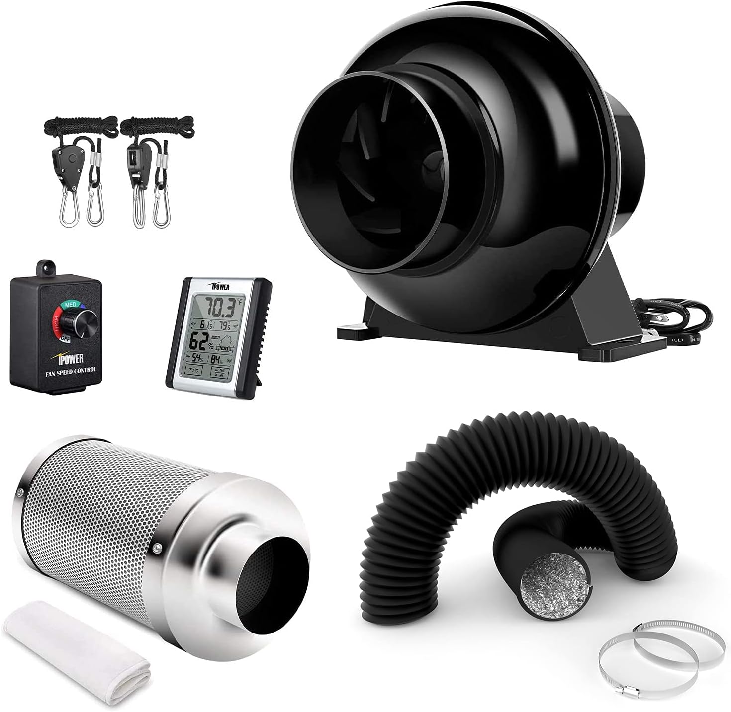iPower 4 Inch 195 CFM Inline Fan, Air Carbon Filter, 8 Feet Ducting, Speed Controller Rope Hanger and Temperature Humidity Monitor for Grow Tent Ventilation, Lite Kits, HVAC Heating Cooling Pack of 2