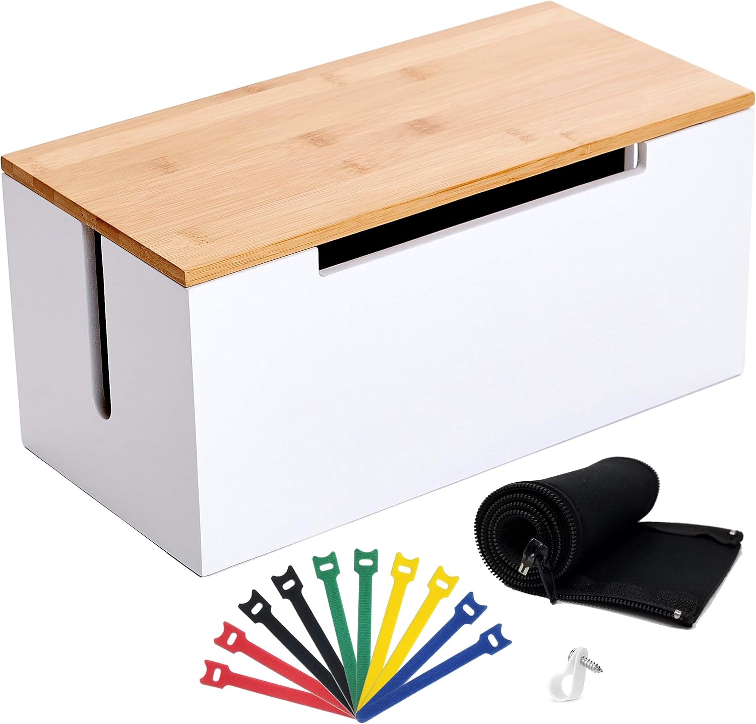 QH Goods Bamboo Cable Management Box Organizer Storage Large Wood Cord Cover for Floor Under Desk to Hide and Hold Power Strip, TV, Router, Computer, USB Hub, and Electrical Outlet Plug Wire (White) Pack of 2