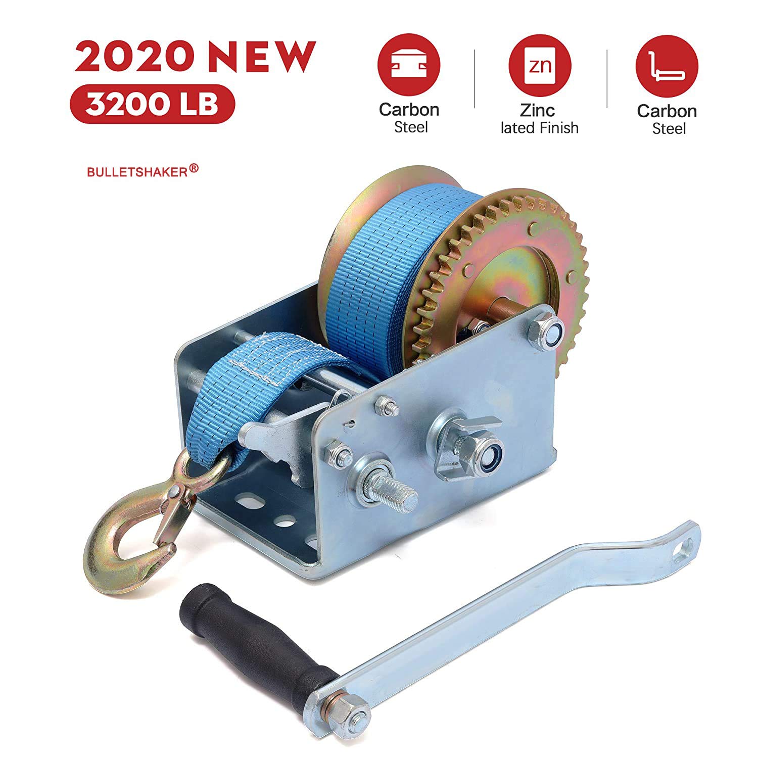 BULLETSHAKER 3200LBS Polyester Strap 2 Gear Hand Winch Hand Crank Gear Winch ATV Boat Trailer Pack of 2