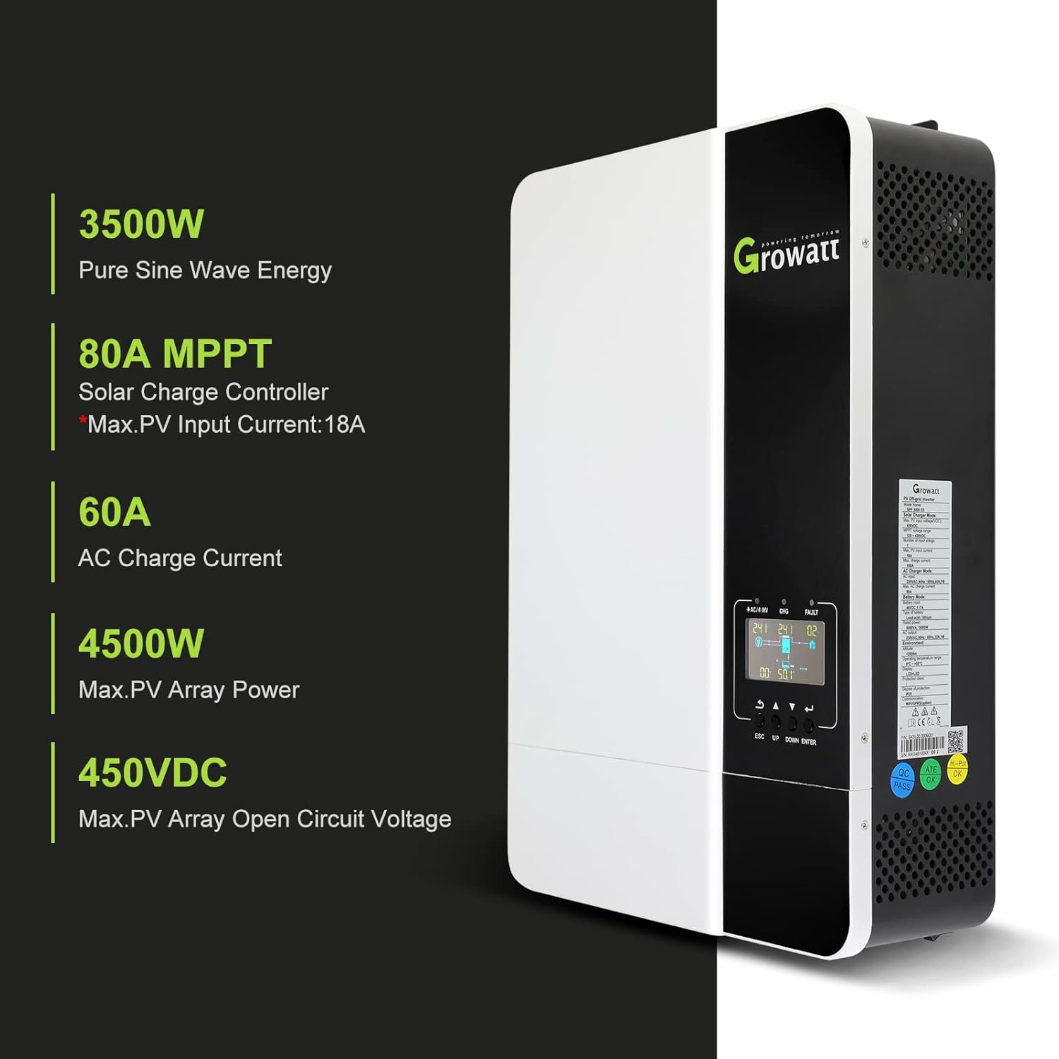 Growatt 3500W Solar MPPT Inverter 48V to 230V AC, Off Grid Hybrid Inverter Bulit in 80A Solar Controller, 3.5KW Solar Charger Inverter Max PV Input 450V, fit for 48V Lead-Acid/Lithium/Without Battery