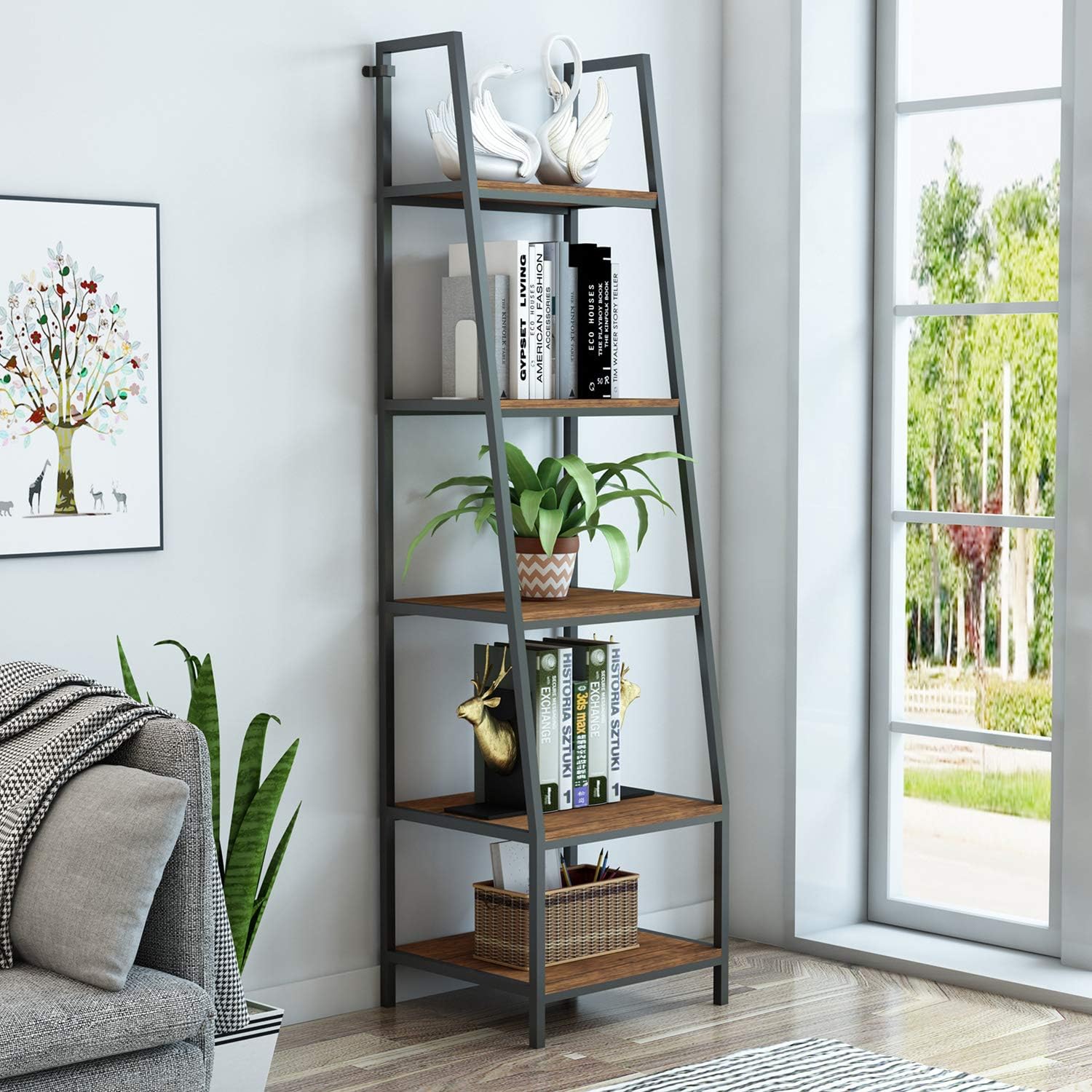 O&K FURNITURE 5-Tier Ladder Shelf, Ladder Shelves, Industrial Style Bookcase, Leaning Bookcases and Book Shelves, Modern Storage Rack and Shelving Unit-72&rdquo;H x 20&rdquo;W, Rustic Brown Finish,(1-pc)