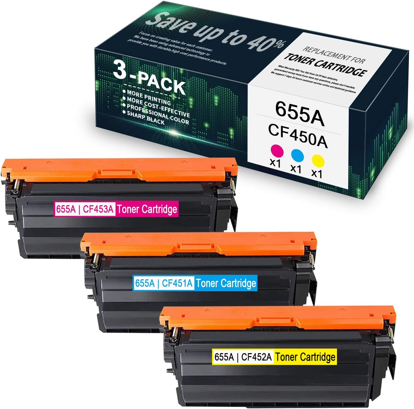 3 Pack 655A | CF451A CF452A CF453A (1C/1M/1Y) Compatible Toner Cartridge Replacement for HP Color Enterprise M653x M682z M681dh M652n M681f M653dn M681f Printer, Toner Cartridge.
