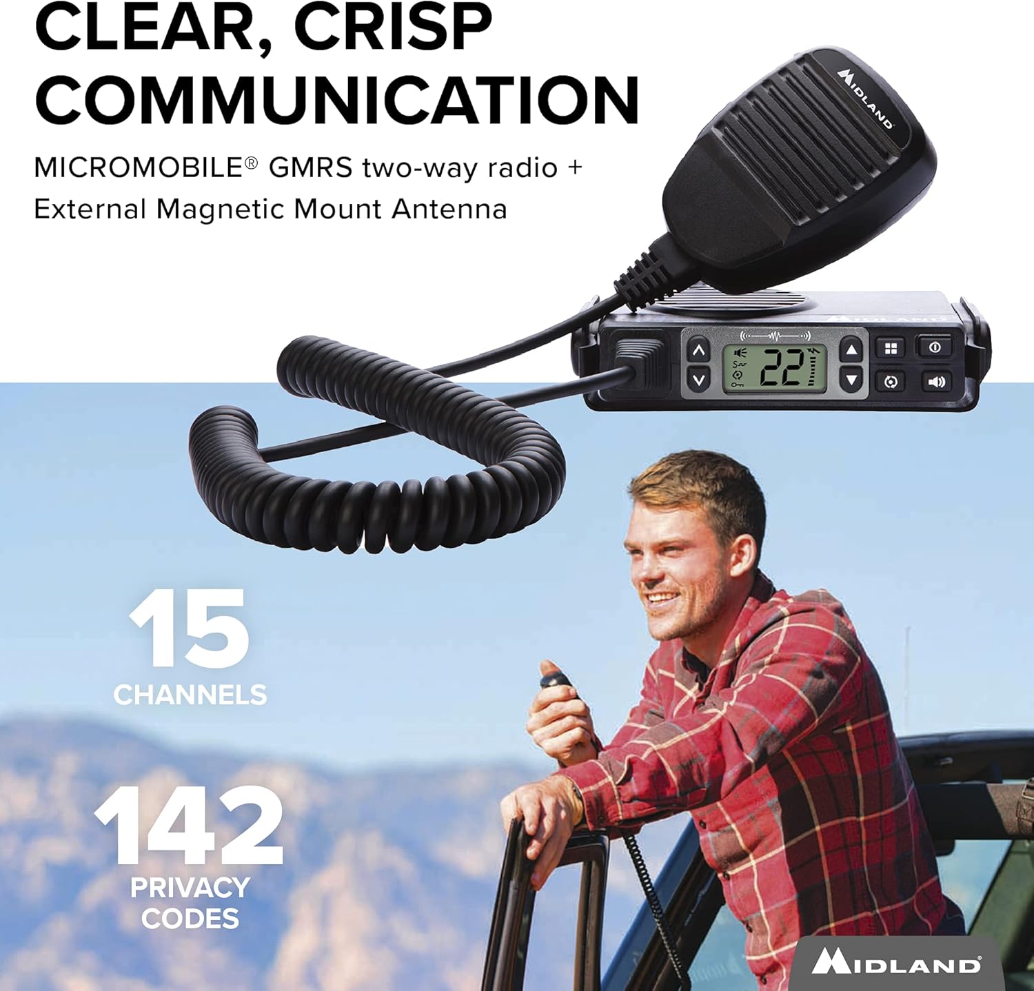 Midland 5 Watt GMRS MicroMobile Two-Way Radio - Long Range Walkie Talkie, & 142 Privacy Codes, & NOAA Weather Scan + Alert (Black)
