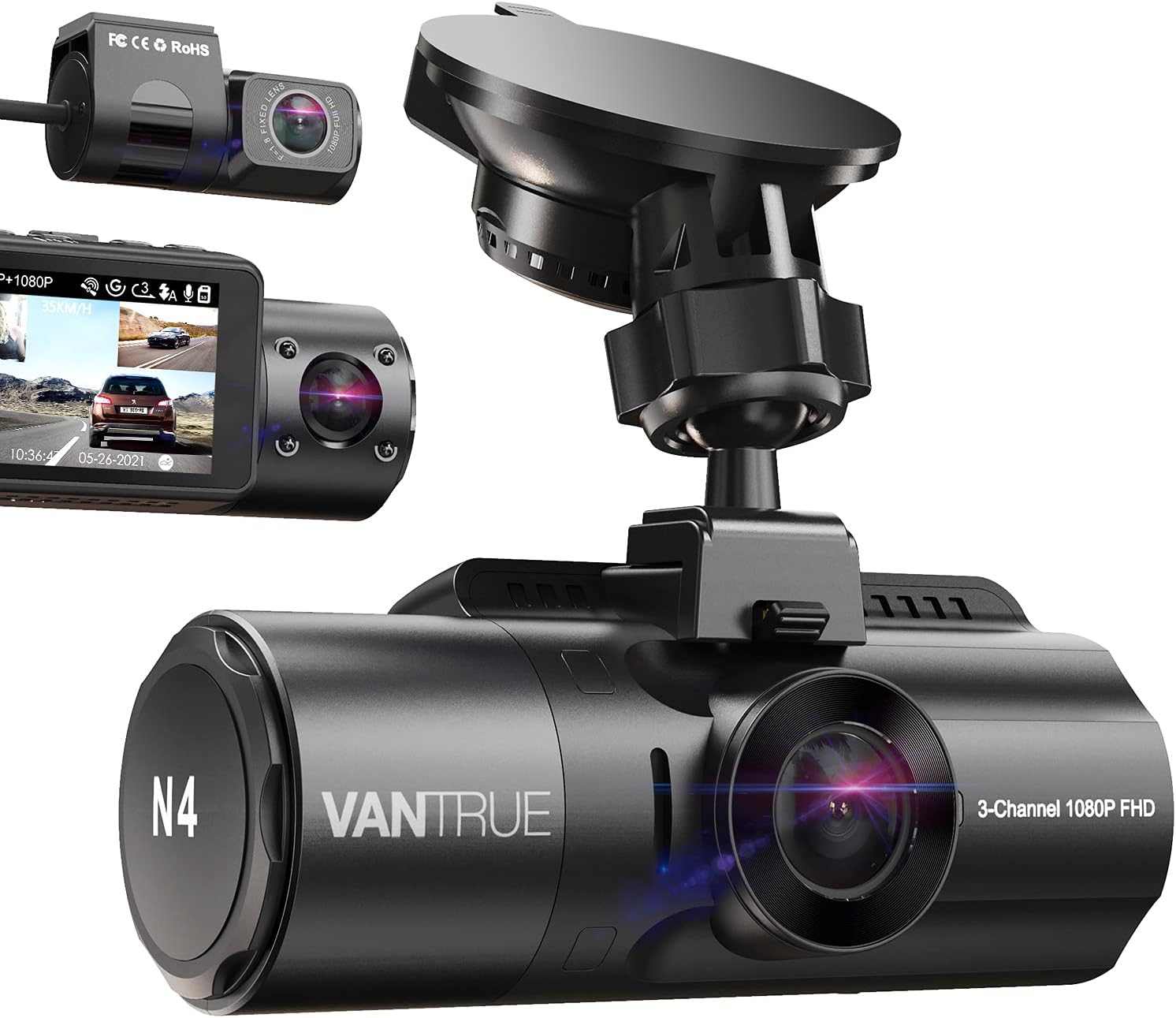 Vantrue N4 3 Channel 4K Dash Cam, 4K+1080P Front and Rear, 4K+1080P Front and Inside, 1440P+1080P+1080P Three Way Triple Car Camera, IR Night Vision, 24 Hour Parking Mode, Capacitor, Support 256GB Max