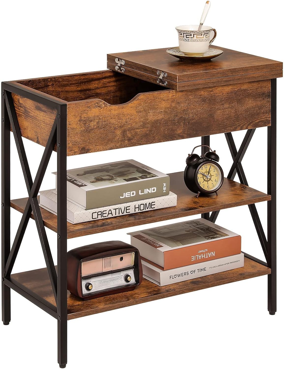 WEENFON End Table, Nightstand Sofa Table with Hidden Storage, 3-Tier Flip Top Open Side Table for Small Spaces, End Table for Living Room, Bedroom, Rustic Brown