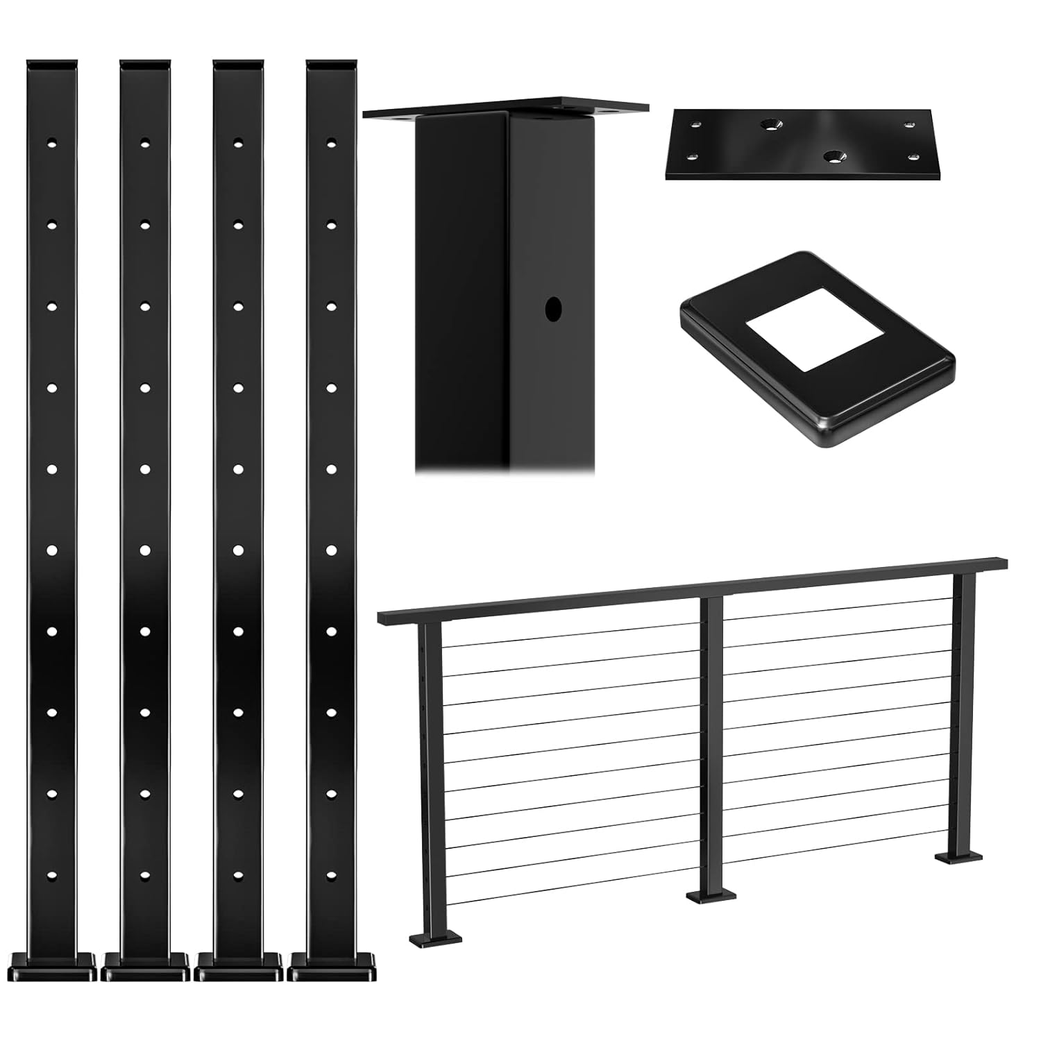 Muzata 4Pack Cable Railing Post Level-drilled Post with Flat top 36''x2''x2'' Black Square Weldless Stainless Steel Pre-Drilled for Wood Concrete Surface Mount Deck PS02 BH4S, PT1 PT2 PT6