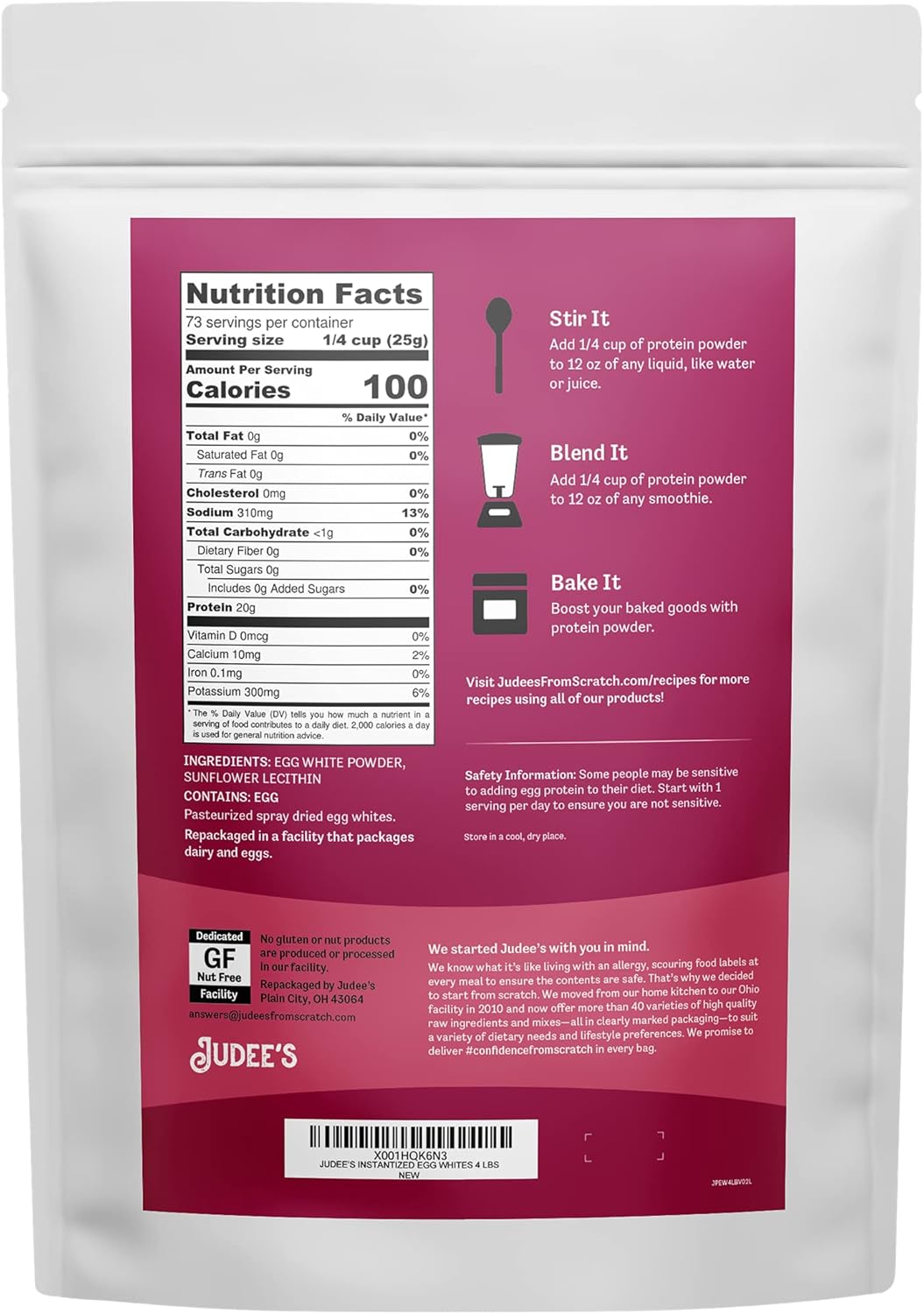 Judee’s Unflavored Egg White Protein Powder for Fast Blending 4 lb - 100% Non-GMO, Keto-Friendly, Pasteurized - Dairy-Free, Soy-Free, Paleo-Friendly, Gluten-Free and Nut-Free - Made in USA Pack of 2