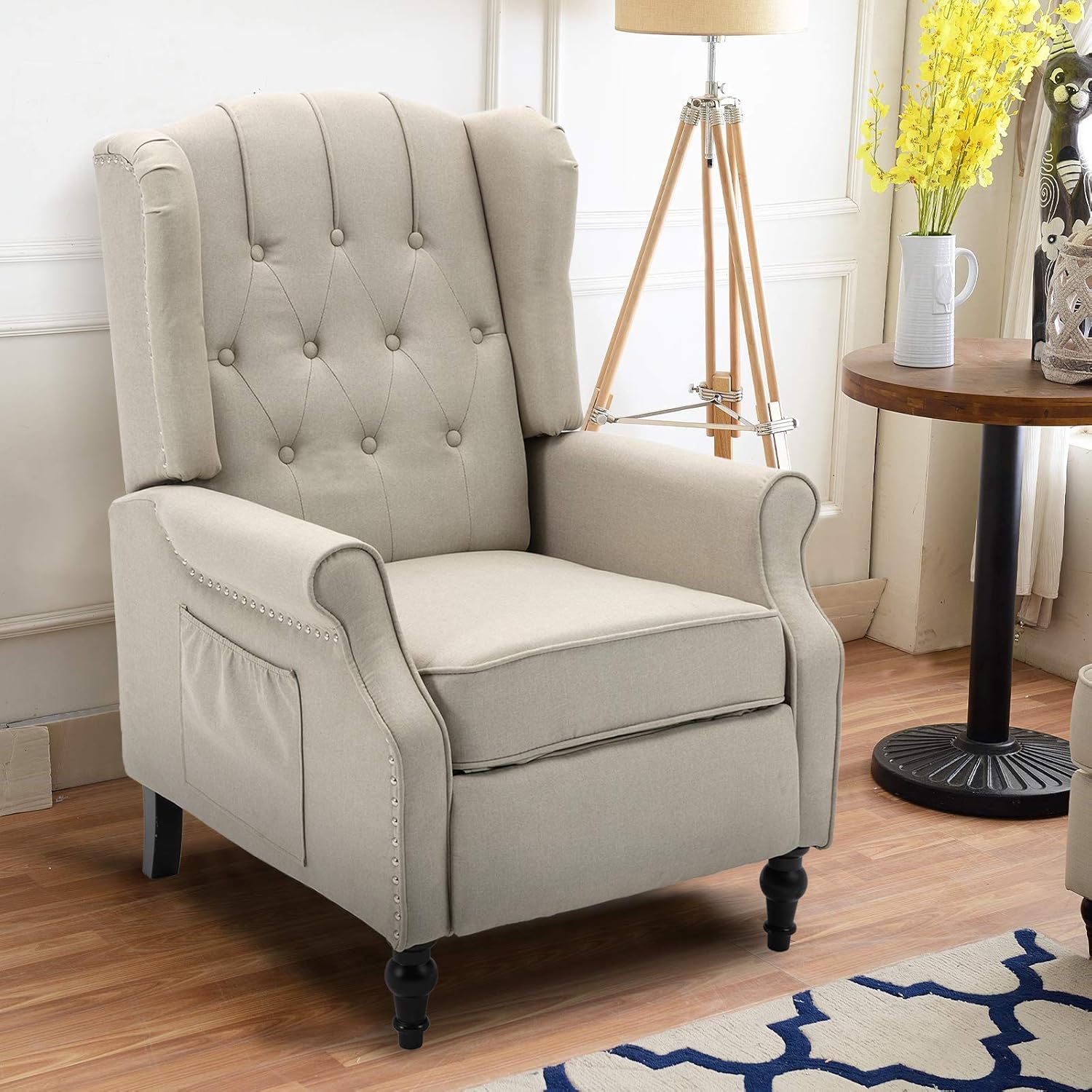 Apepro Tufted Wingback Chair Arm Chair Accent Chair,Recliners Vintage Style,Pushback Fabric Recliner Chair for Living Room Bedroom Brown