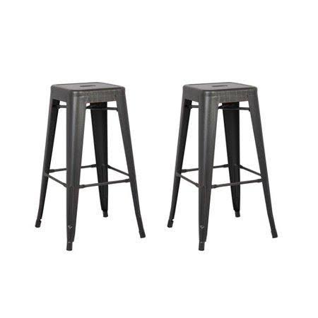 Backless Distressed Metal Barstool, Black, 30 -Inch, Set of 2