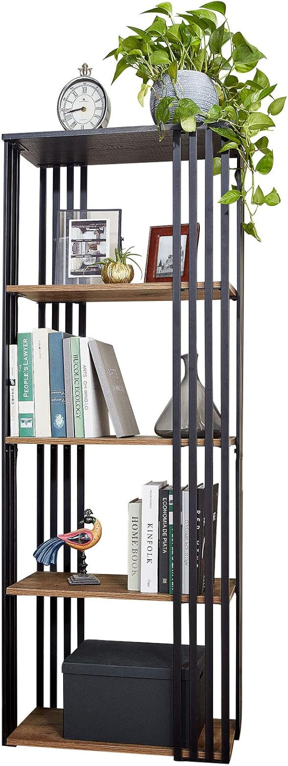 LINSY HOME 4-Tier Bookshelf, Wood Bookcase, Black Metal Bookshelves for Living Room Bedroom.