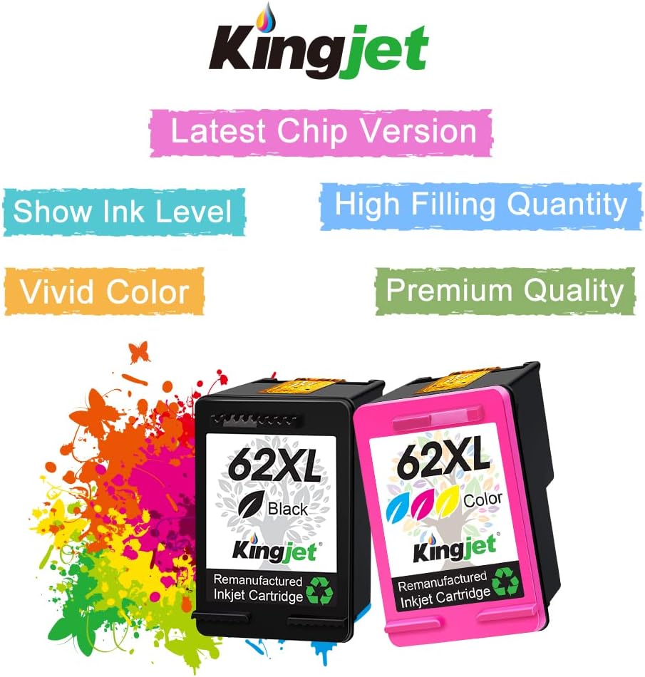 Kingjet Remanufactured Ink Cartridge 62 Replacement for HP 62XL 62 XL for Envy 7640 5660 5540 5640 5642 7645 5644 5549 Officejet 5740 5741 5780 OfficeJet 200 250 Printers, 2 Pack (1 Black, 1 Color) Pack of 2